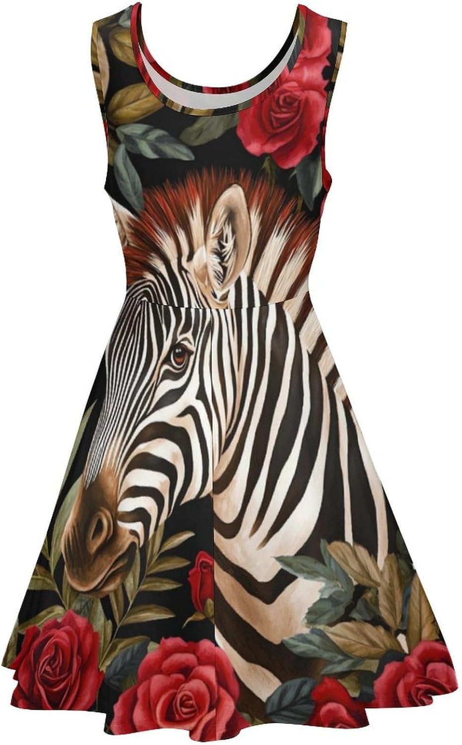 Floral Zebra Women's Dresses Round Neck Dress Sleeveless Tank Dress Ruffle Hem Sundress