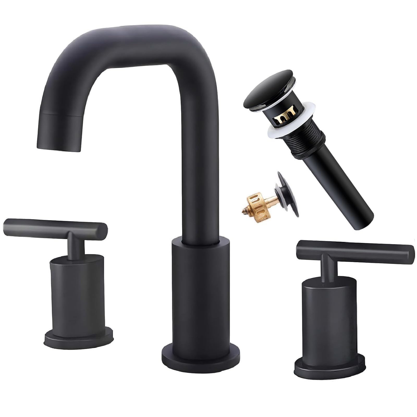 Rubinetto Bagno Nero Opaco QFN A 3 Fori 8 Pollici Con Scarico Pop-Up E Tubi Flessibili
