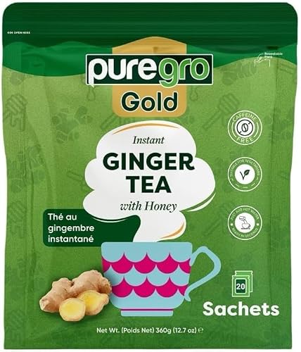 Puregro Gold Instant Ginger Tea with Honey 360g (20 Sachets) | BOX OF 12 | InstantGinger Tea | Warming Beverage, Soothing & Refreshing | Natural Ginger & Sweet Honey Blend | Easy to Prepare.