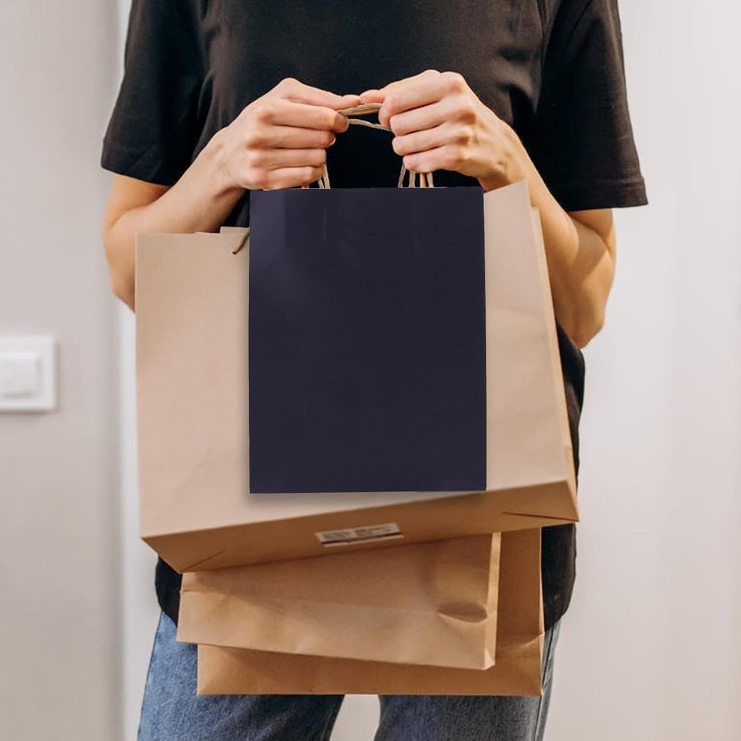Uonlytech Kraft Paper Handle Bags Takeaway Food Packing Bags 10pcs Waterproof and Oilproof for Coffee Shop and Bakery Use