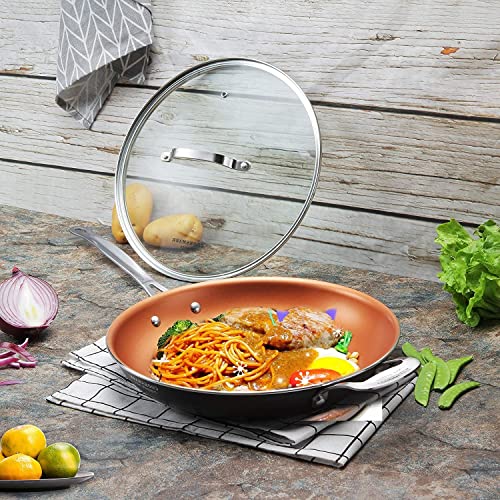 All In One Pan Copper Pan 12-Inch Nonstick Induction Compatible Frying Pan With Lid And Stainless Steel Handle, Copper Ceramic Skillet, Saute Pan, Dishwasher Safe Oven Safe(Upgrade) #TOP2