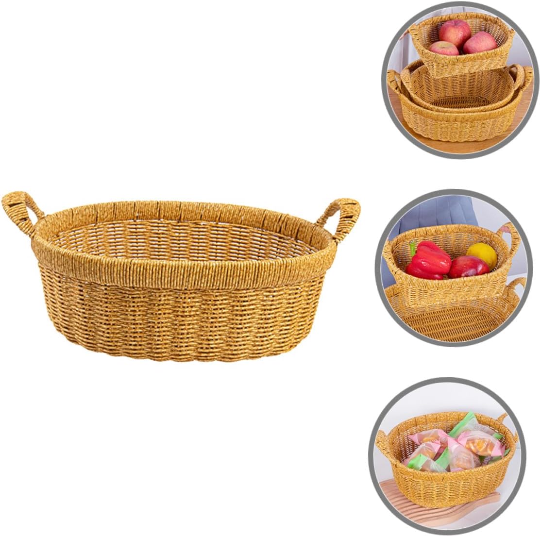 Simulated Rattan Oval Deep Fruit and Bread Basket with Double Handles, Large Plastic Wicker Tray for Kitchen Storage and Outdoor Picnic Serving