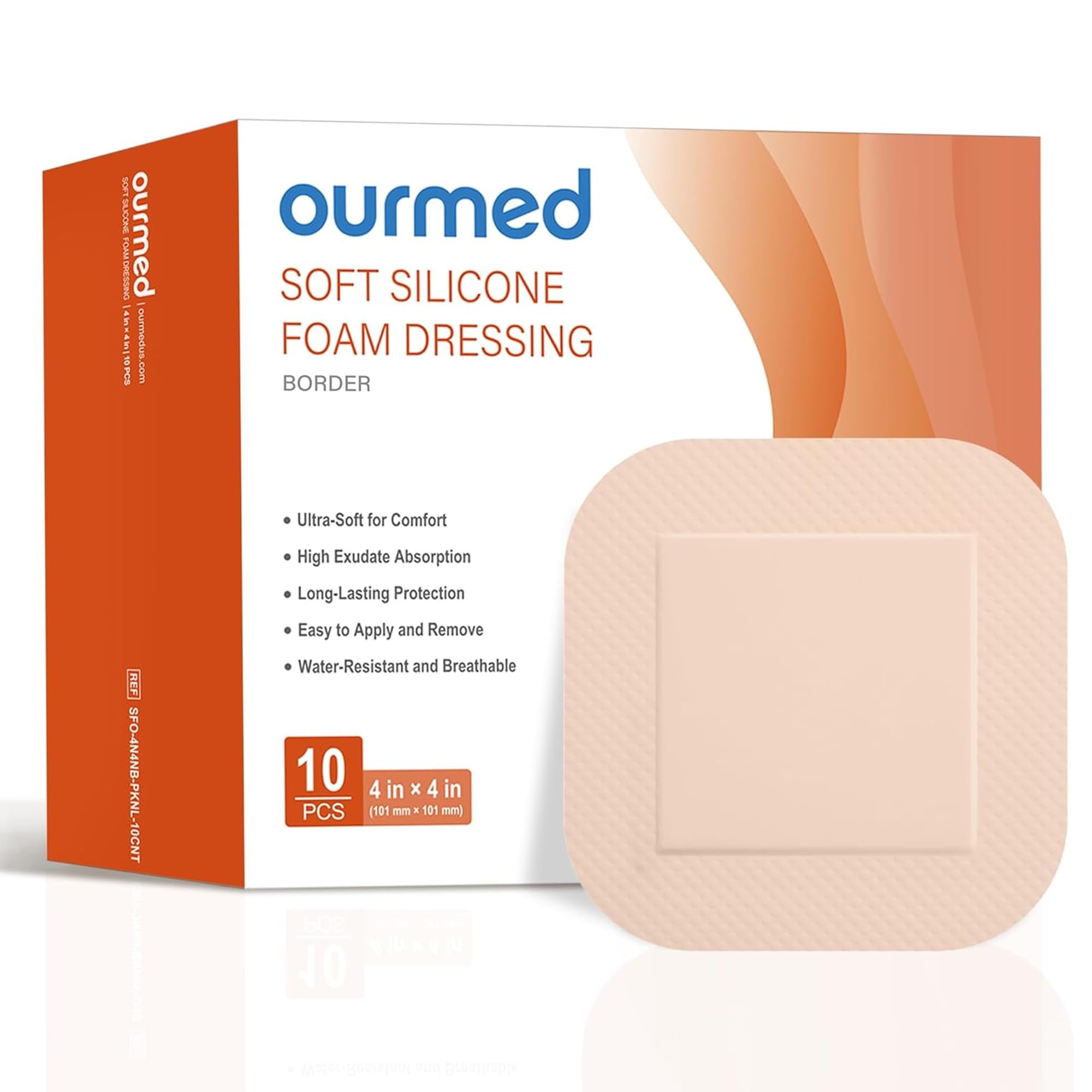 Ourmed Soft Flex Silicone Foam Dressings(4"x 4", Pack of 10) Sterile, Highly Absorbent, Waterproof, Gentle Border, Wound Care for Bed Sores, Pressure