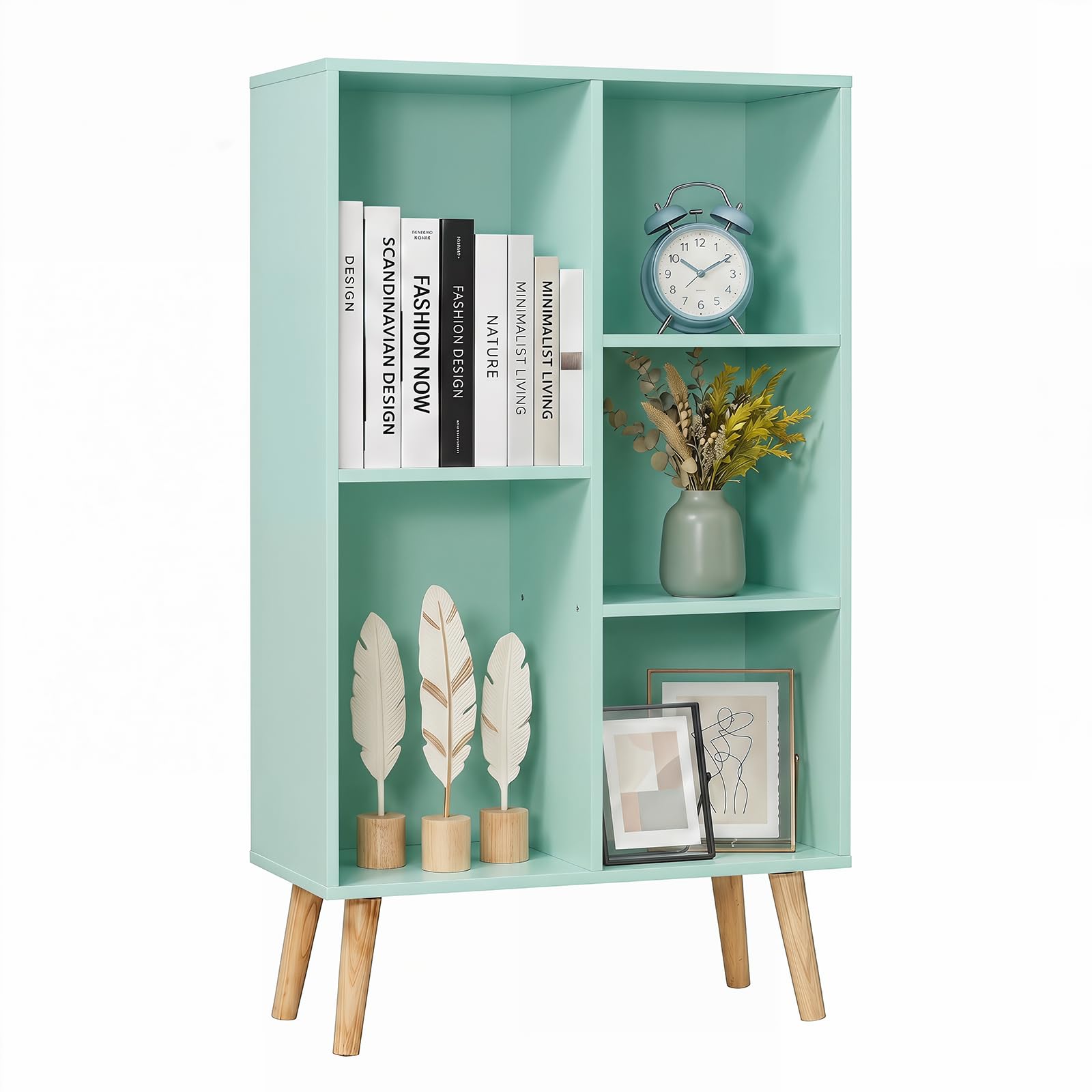 YAHARBO Small Green Bookshelf,3 Tier Modern Kids Bookcase with Legs,5 Cube Wooden Bookshelves Storage Shelf,Book Shelves Organizer,Display Bookcases Cabinet for Room Nursery Study