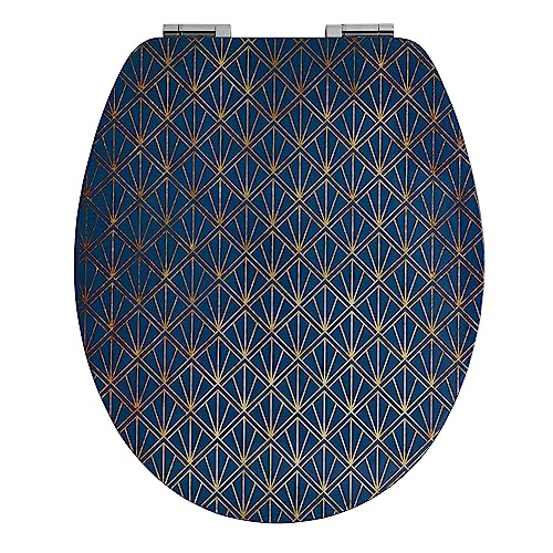 Wirquin 20722720 Abattant WC Diplomat Art Deco Blue en MDF bleu et doré avec frein de chute et charnières en inox, forme en U