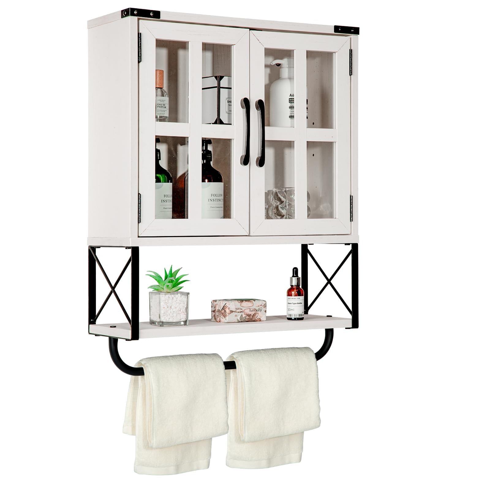RUSTOWN Gabinete de medicina de granja con puertas de cristal cruzadas, armario de almacenamiento de pared de madera, armario de baño rústico de 3 niveles con estantes ajustables y barra de toalla