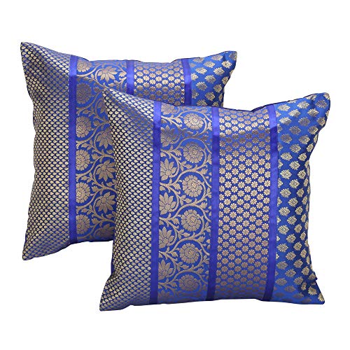 Image of Home Decor Decorative Heavy Brocade Banarsi Silk Cushion Covers Pillowcase 16 inch Rajasthani Diwan Living Room Sofa Settee Couch Cushion Pillow 40 x 40 cm (Blue, 5)