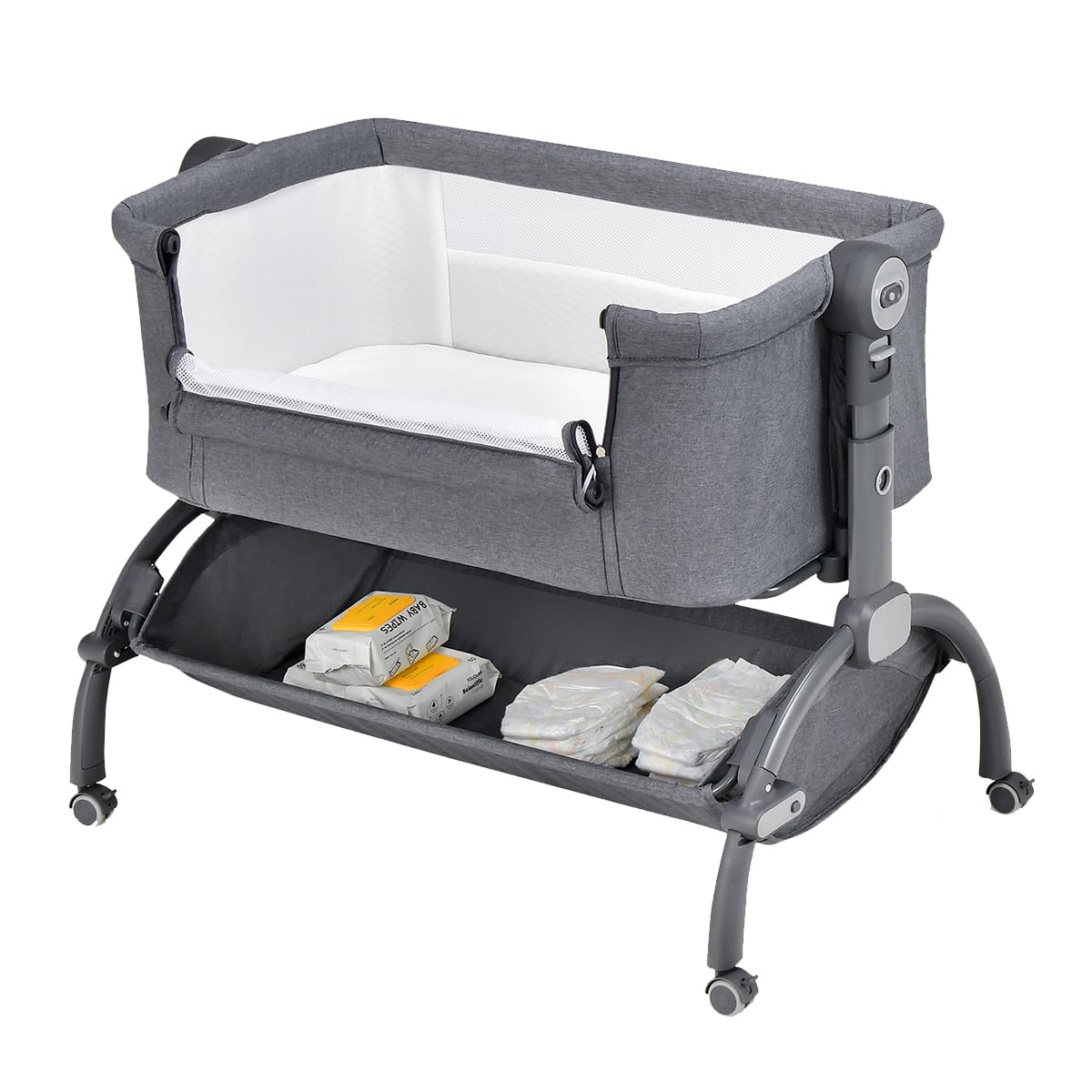 GOPLUS Cuna de Colecho para Recién Nacido, 0-6 Meses, Cama para Bebés con Colchón y Mosquitera, Altura Ajustable, Cuna Lateral Portátil con Ruedas y Bolsa de Transporte, Doble Cierre (Gris)