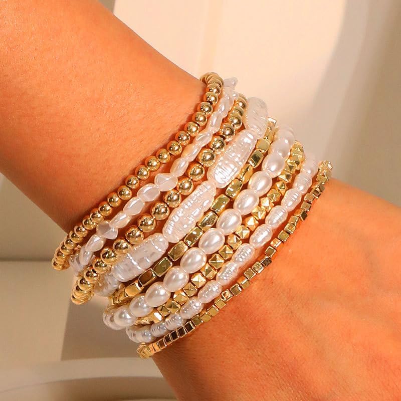 7PCS Layered Beaded Bracelets Set for Women Trendy Stretch Elastic Round Ball Beads Bangles Boho Chunky Gold Stackable Bracelets Dainty Jewelry for Gifts - Image 2