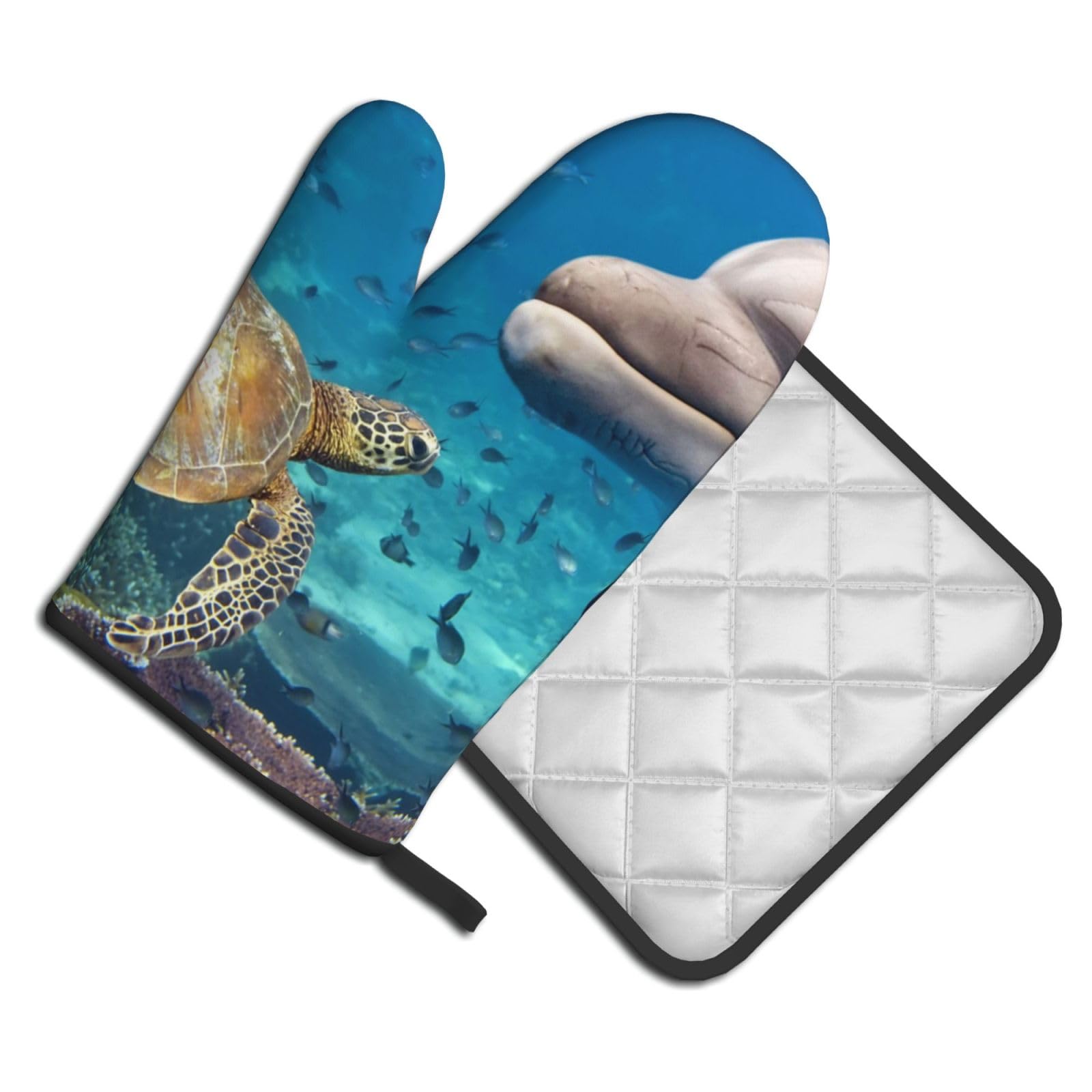 Oven Mitts and Pot Holders Set of 2 Pcs, Turtle and dolphin Printed Heat Resistant Kitchen Gloves Potholders for Cooking Baking Grilling