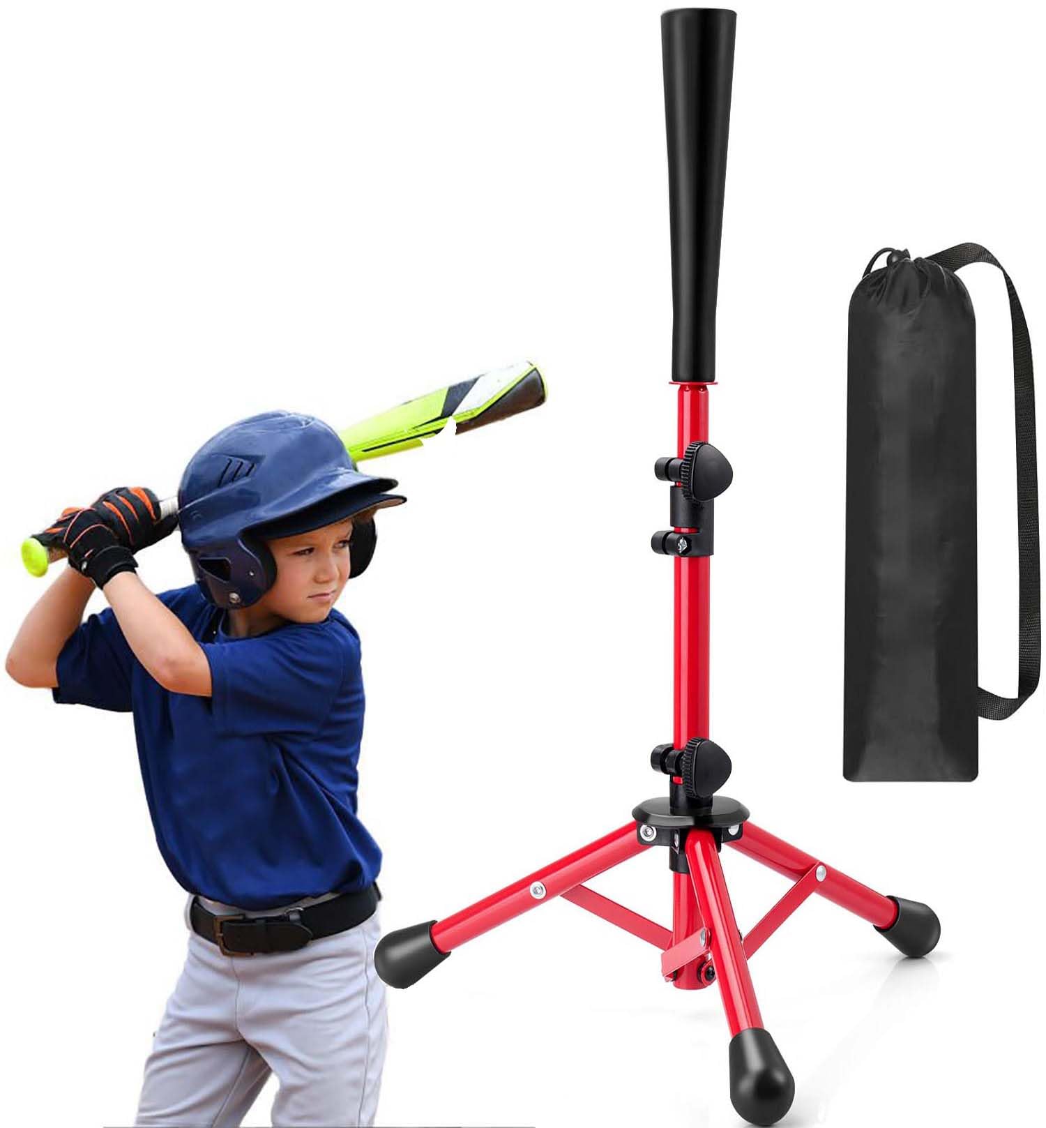 バッティングティー 子供53-76cm無段階式 バッティング ティースタンド 野球ボール置きティー 練習 打撃 野球 軟式 硬式 少年野球 ソフトボール ソフトラバー 素振り トレーニング 高さ 調整 折り畳み式 収納袋 tee 赤