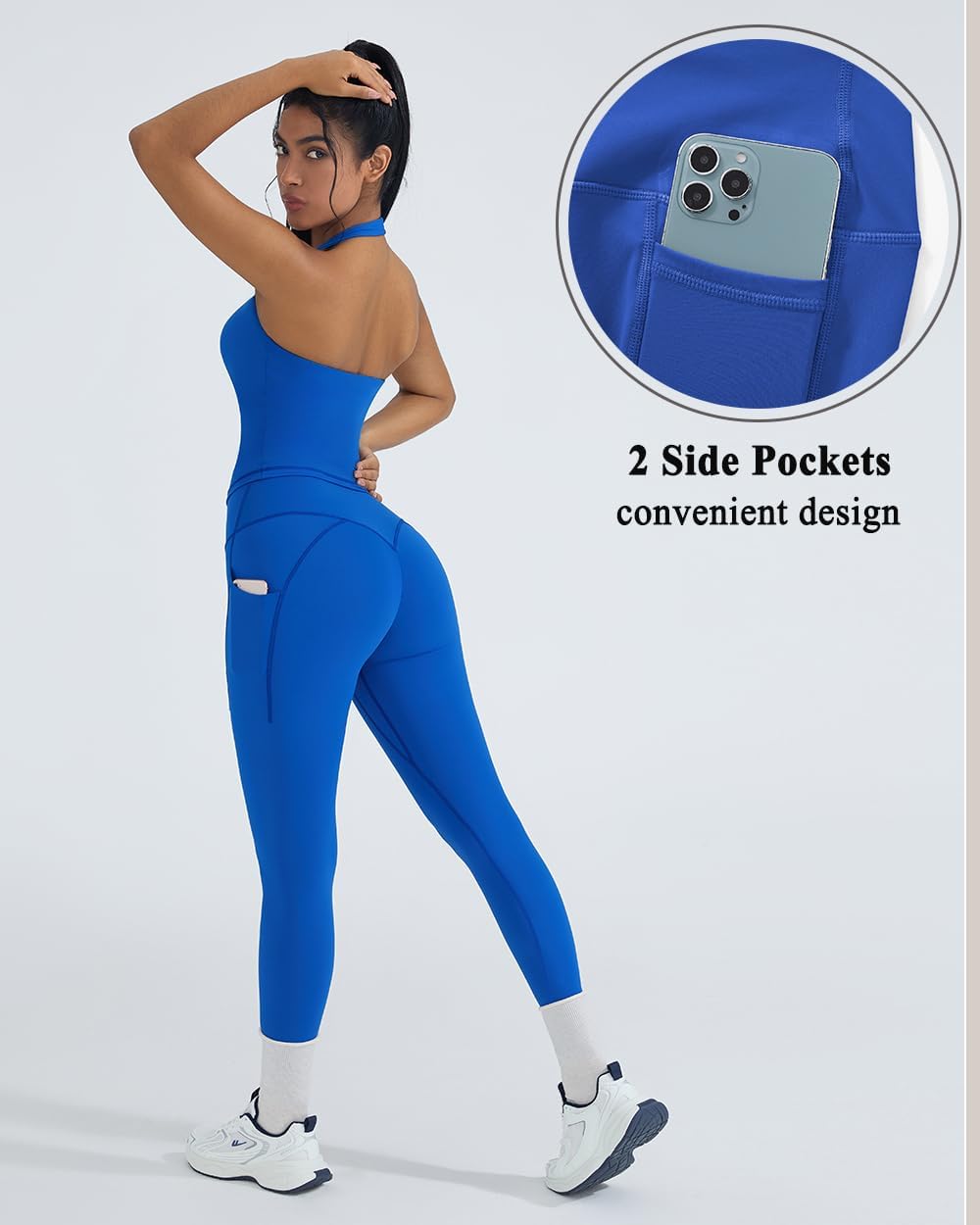 OMKAGI 2 Piece Workout Sets for Women Halter Tops Booty Leggings with Pockets Gym Outfits - Image 4