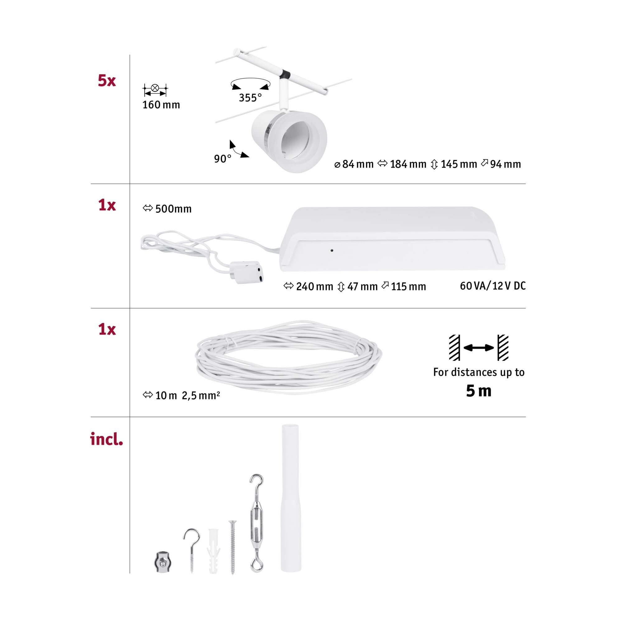 Paulmann 94461 CorDuo Set de base Système de Câbles Cone DC 5 x 10 watt max, Éclairage Extensible Blanc Mat Câble Matière Plastique GU5,3 Système de Câbles sans Ampoules