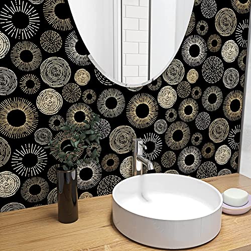 Rewallpaper Modern Circle Black And Gold Wallpaper Peel And Stick Contact Paper Boho Printed Peel & Stick Wall Paper Roll 17.5In X 10Ft Removable Stick On Wallpaper For Bathroom Living Room Decor #TOP5