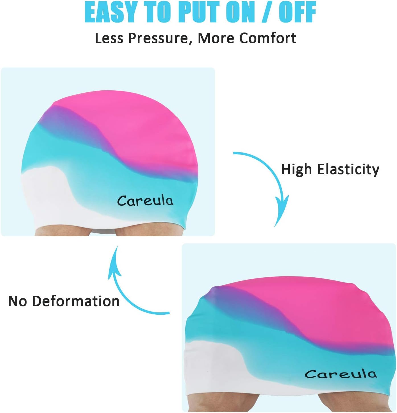 Swim Cap, 2 Pack Durable Silicone Swimming Caps for Kids Girls Boys Youths (Age 2-12), Soft 3D Ergonomic Waterproof Kids Swim Caps, Comfortable Fit for Long Hair and Short Hair image 4