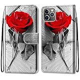 Nadoli Handyhülle Leder für iPhone 12 6.1",Bunt Bemalt Schön Rot Rose Trageschlaufe Kartenfach Magnet Ständer Schutzhülle Brieftasche Ledertasche Tasche Etui