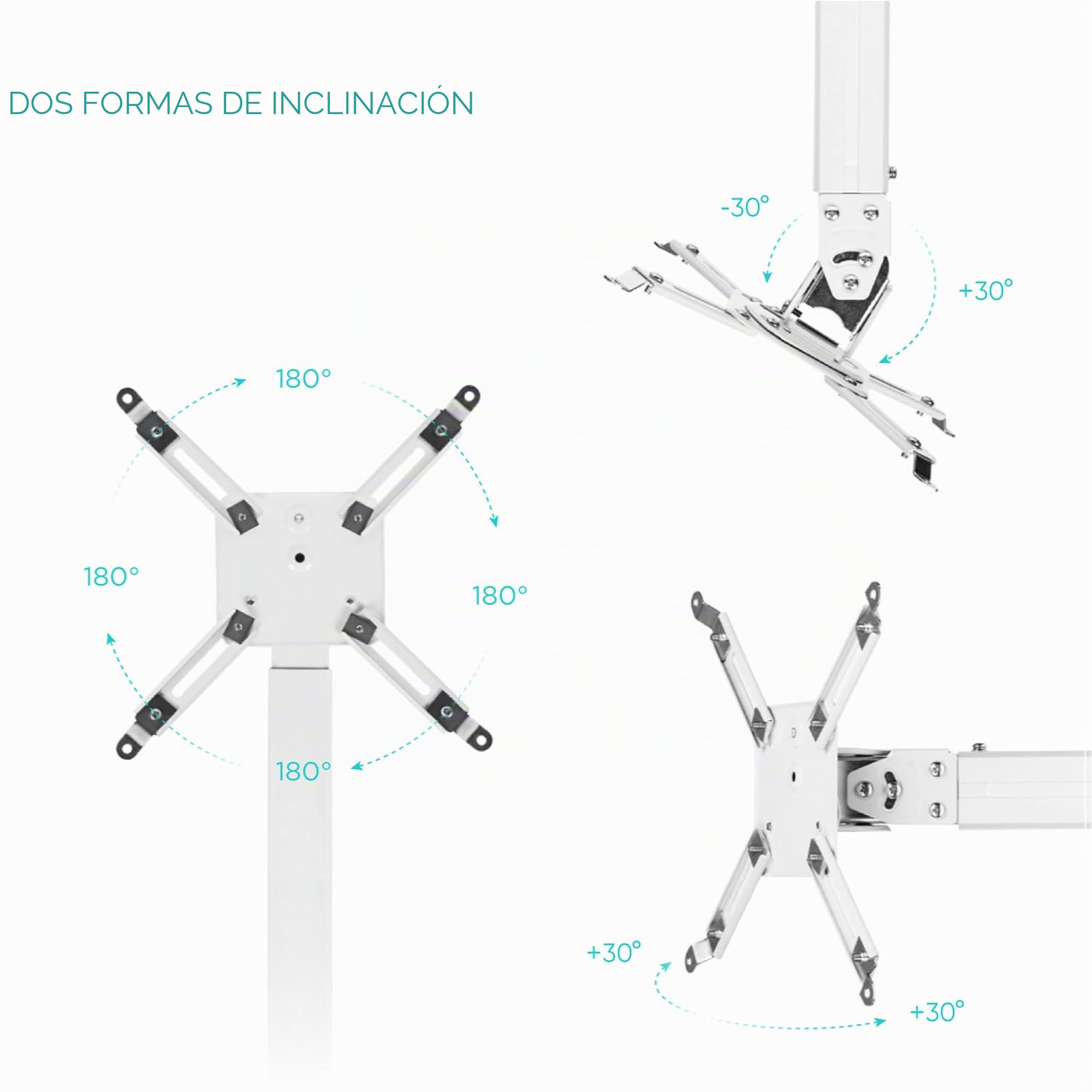 ONKRON Soporte para Proyector de Techo/Pared, 10 kg, K5A-W | Brazo proyector blanco, altura ajustable, giratorio 30°, inclinable, extensible, pasacables; para cine en casa y oficina