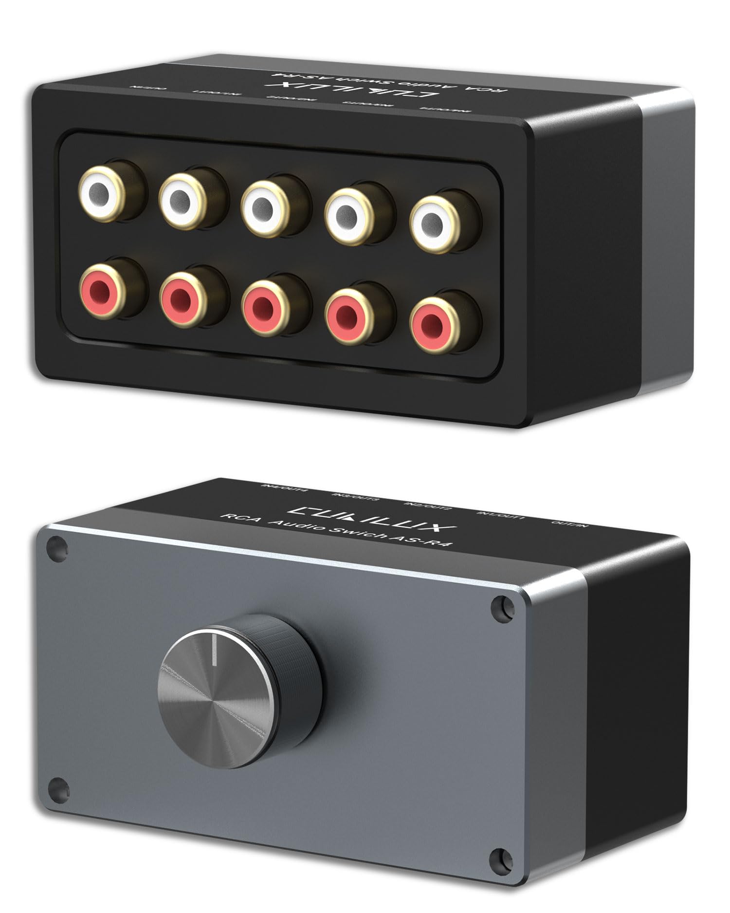 Cubilux AS-R4 Conmutador RCA bidireccional de 4 vías, Caja selectora de Altavoz RCA estéreo pasivo de 4 Canales, Conmutador de Audio RCA de 1 Entrada a 4 Salidas/4 entradas a 1 Salida