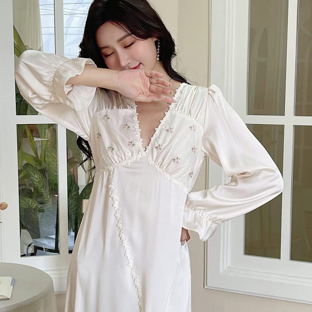 Nachthemd,Damen-Nachthemden, Beige, Satin, V-Ausschnitt, Florale Spitze, Schlitz, Sexy Schlafhemd, Weiches, Bequemes, Langärmliges Nachthemd, Loungewear Für Damen, Mädchen, Pyjama-Party, Weihnach