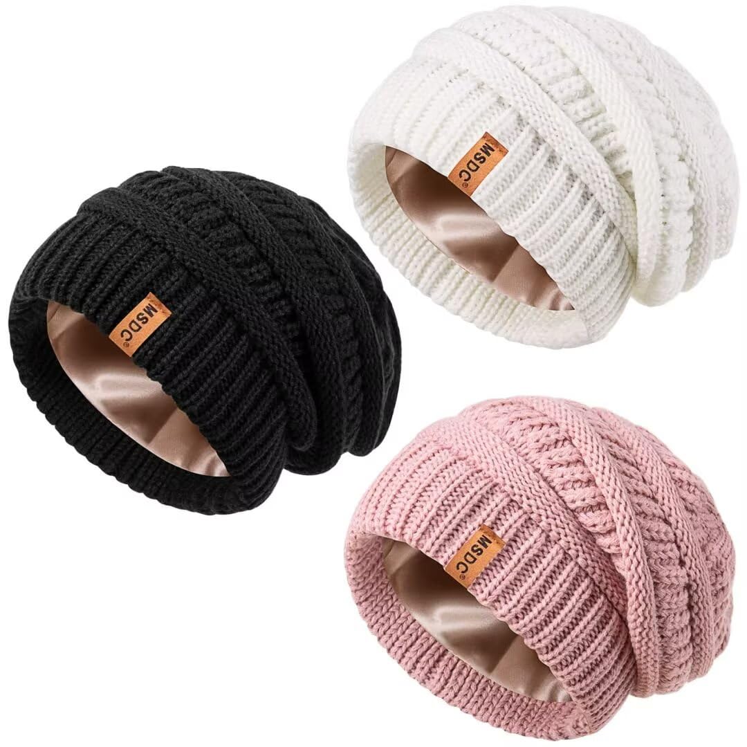 3 Pack Satin Lined Beanie for Women Warm Slouchy Winter Hats with Silk Lined Fashionable Oversized Cable Knit