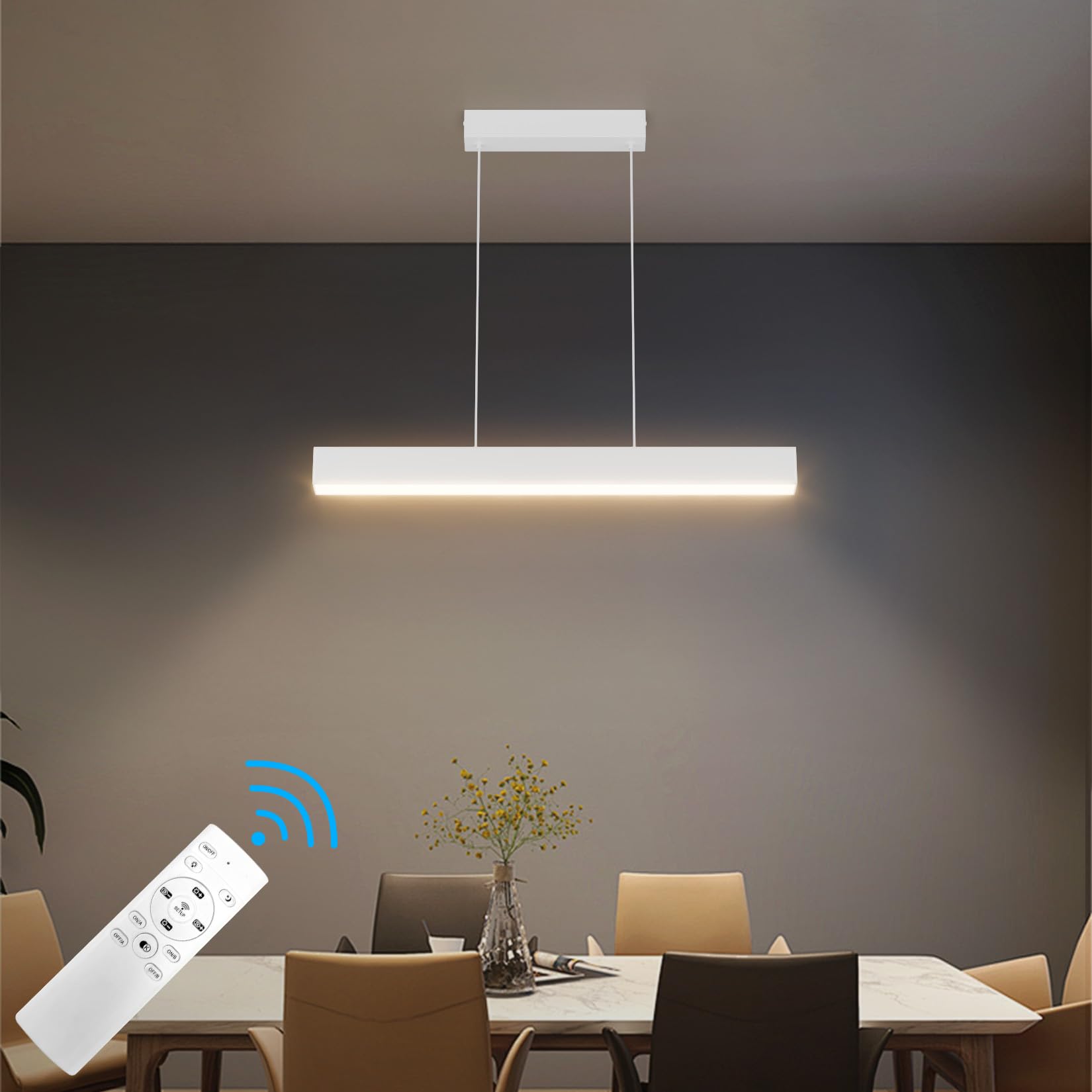 Klighten Led Lámpara Colgante De Comedor 60Cm/20W, Regulable 3000K–6000K, Lamparas de Techo Con Mando a Distancia, Lámpara Diseño Lineal Altura Ajustable 150cm, Para Cocina Oficina, Blanco