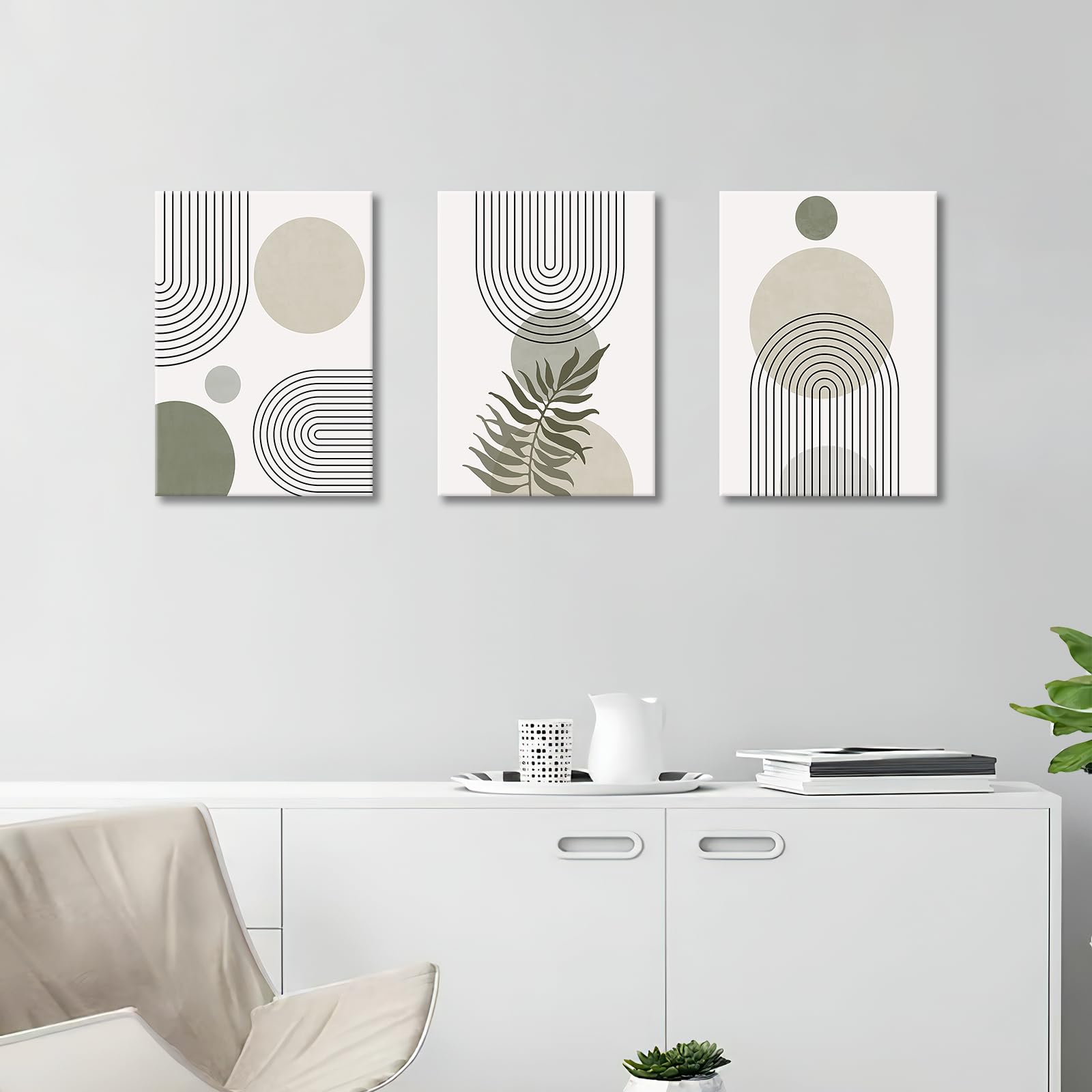 3 Pcs Wooden Framed Canvas Wall Art Set Bohemian Sage Green Canvas Prints Poster Geometric Line Beige Green Pictures for Living Room Bedroom Dinning Room Hallway Stairs Wall Decor 30x40cm x3pcs — view 435