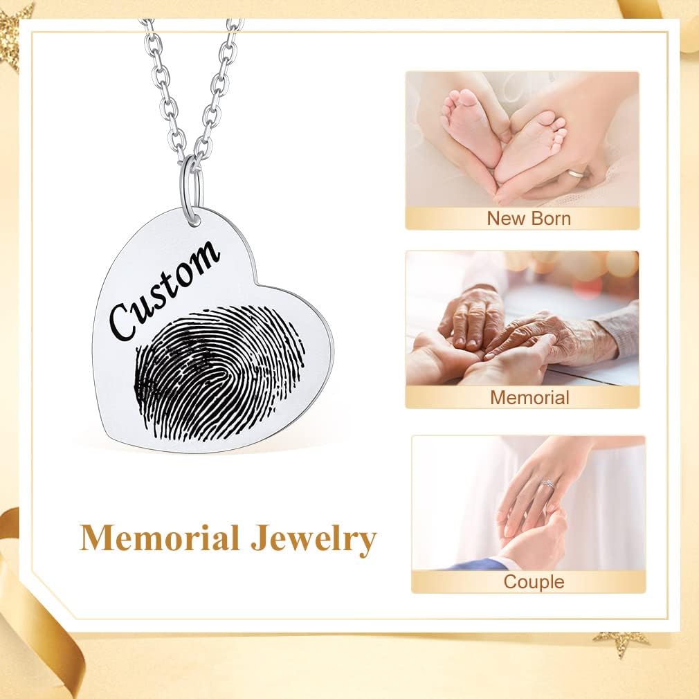 Custom4U Fingerprint Necklace Customized,Custom Memorial Jewelry with Loved One’s Finger Print/Thumbprint,Stainless Steel/925 Sterling Silver,Chain 18”+2”,Memory Keepsake Necklaces for Women Men