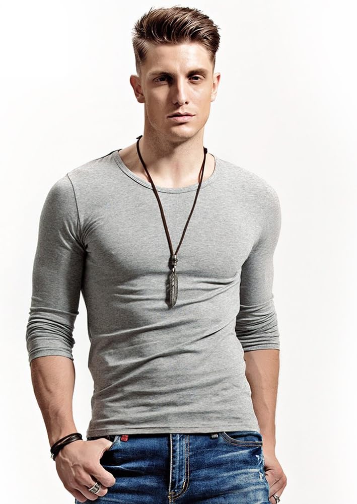 Fitting Men Soft Stretchy Long Sleeves Athletic Muscle Cotton T Shirt