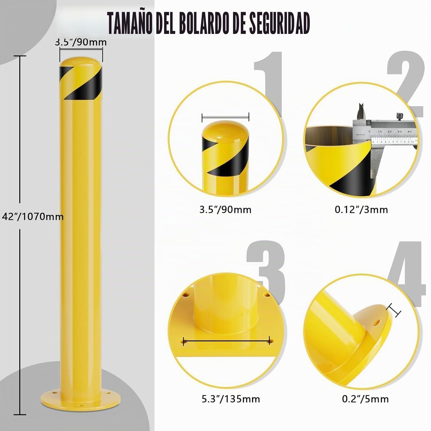 Bolardo de Seguridad 107cm, Poste de Bolardo Tubo de Acero Recubrimiento de Polvo Amarillo, Barrera de Seguridad con Pernos de Anclaje para Aparcamiento (4 piezas - Altura 107cm)
