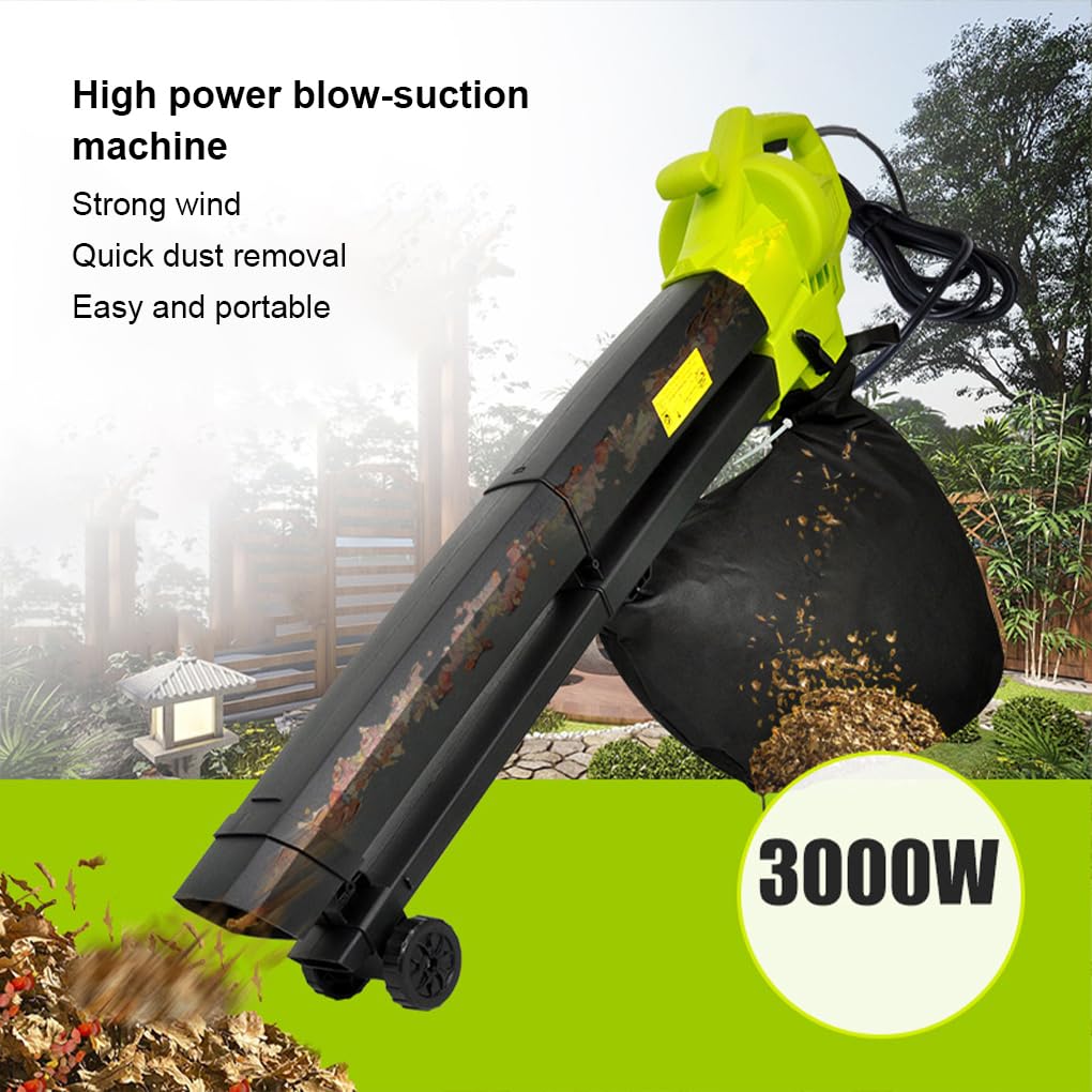 Soplador eléctrico de 3000 W de Potencia con Velocidad de Aire Variable. Recolector de jardín Espacioso y Resistente. Bolsa de recolección de Lona