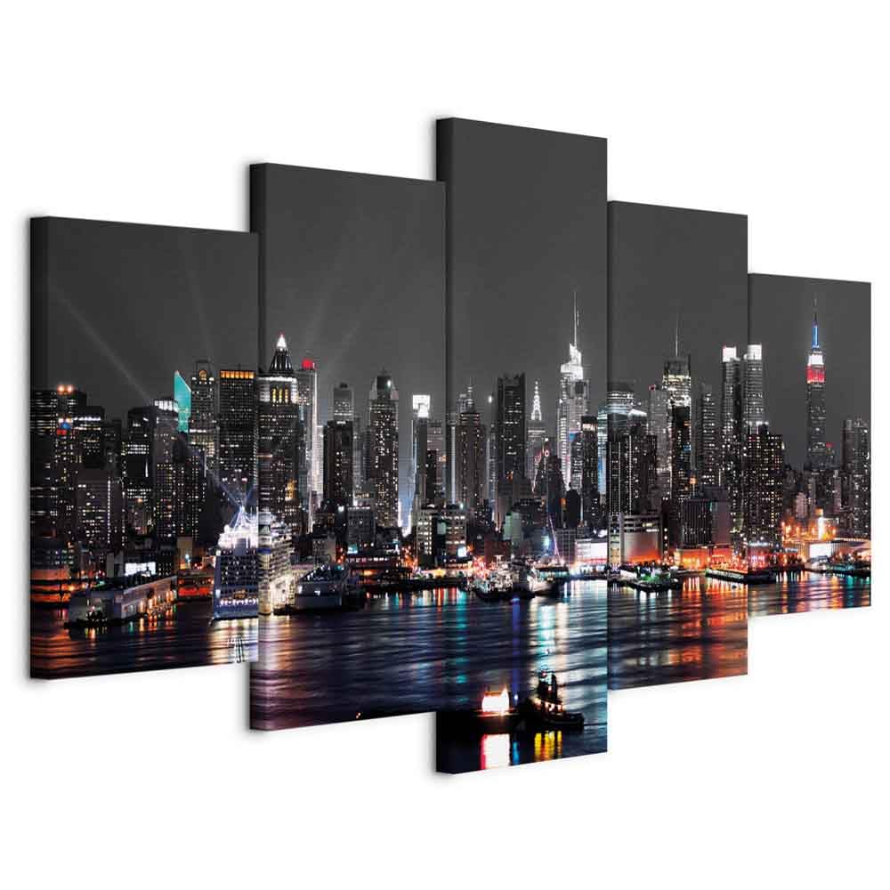 Cuadros B&D XXL - Cuadro en Lienzo New York City 225x112 cm Impresión de 5 Piezas Material no Tejido decorativo Cuadros Grandes Para Dormitorios Impresión de Pared Noche Nueva York d-A-0022-b-n