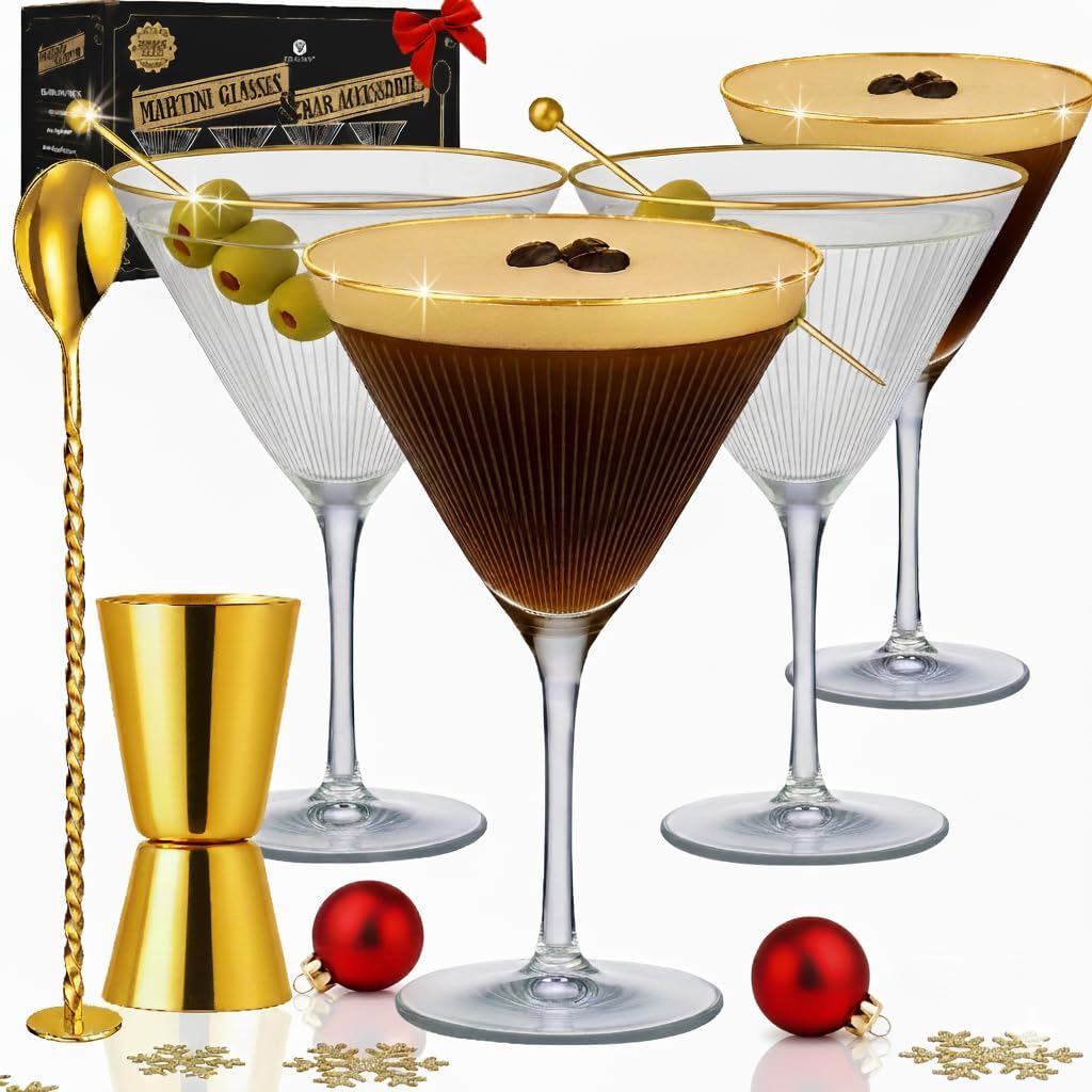 VEMACITY - Ribbed Espresso Martini Glasses Set of 4-8oz Gold Rim Cocktail Glasses with Bar Spoon and Jigger - For Margaritas, Cosmos & More | Ideal for Christmas & New Years
