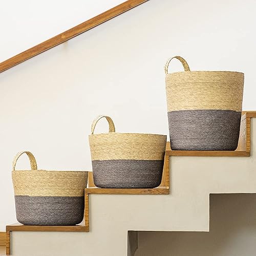 Miniatura 4 de JACINTO - Cesta de palma hecha a mano gris oscuro, ecológica, fabricada con materiales biodegradables, perfecta para usar como decoración, como