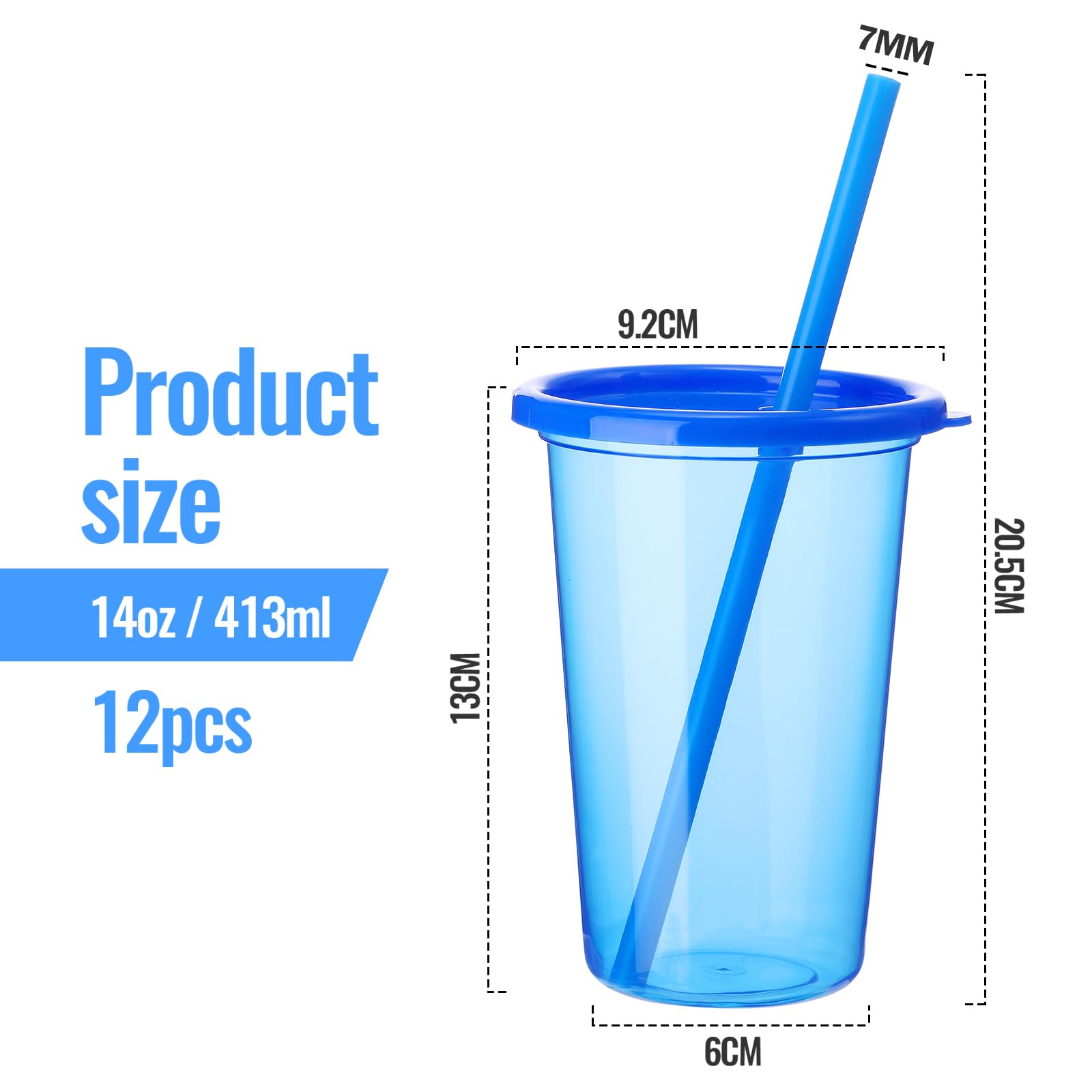 Großbecher mit Deckel und Strohhalm, 400 ml, Kunststoffbecher, wiederverwendbar, Eiskaffeebecher, Trinkbecher-Set, Wasserflasche, wasserdichte Buchstaben-Aufkleber für Party (bunt, 12 Stück)
