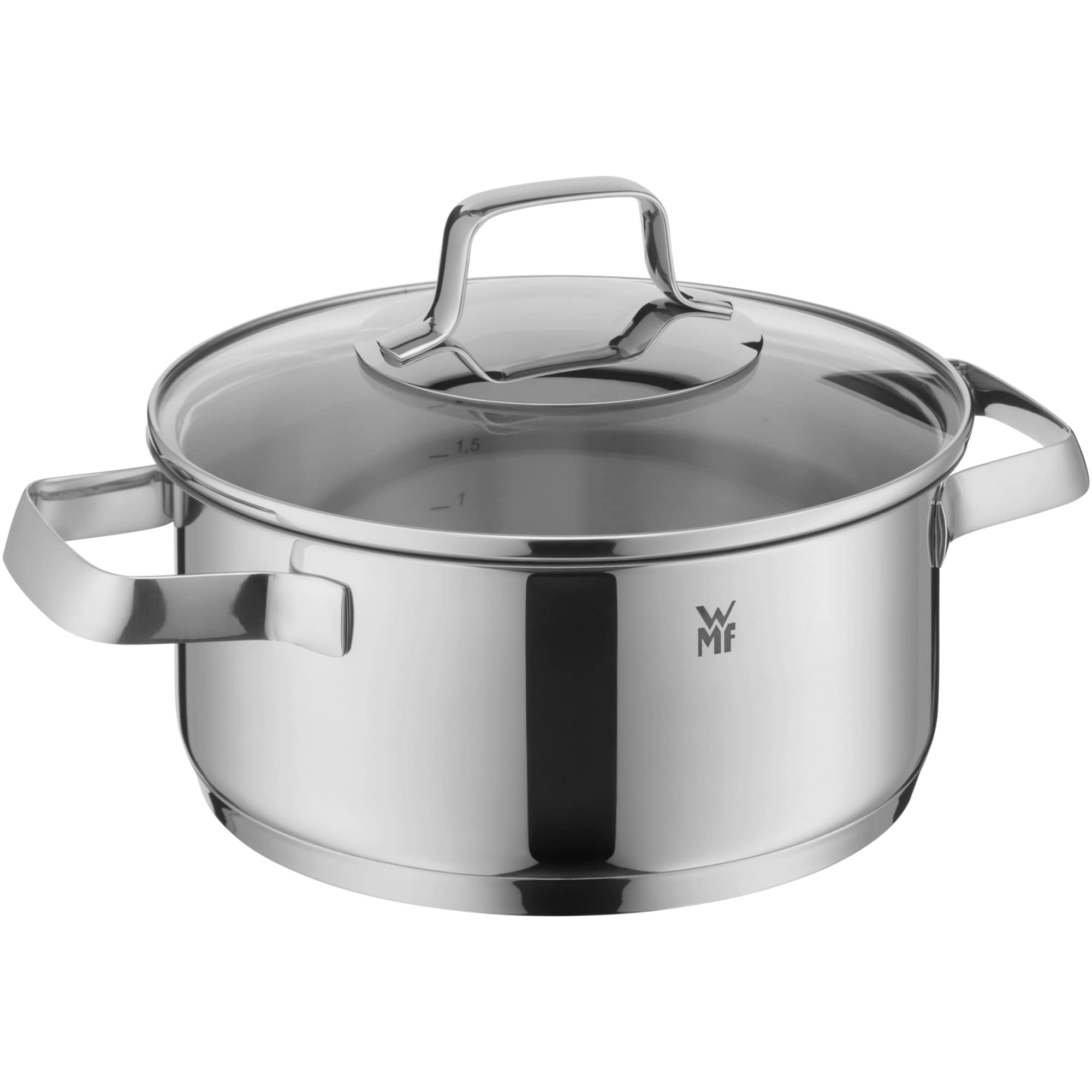 WMF Belmonte Kochtopf klein 20cm, kleiner Topf mit Glasdeckel, Nudeltopf, Bratentopf Induktion 2,5l, Cromargan Edelstahl poliert, unbeschichtet