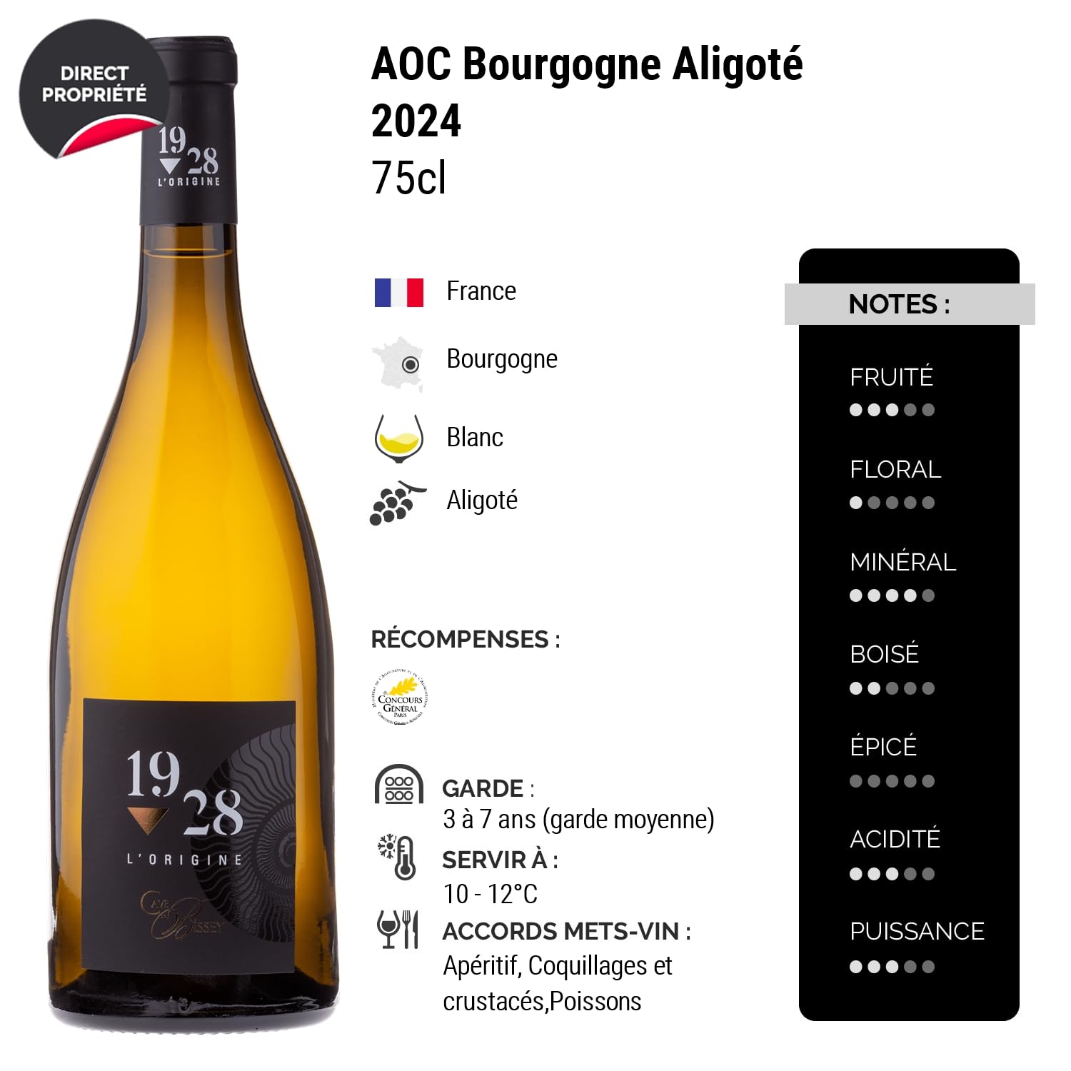Bourgogne Aligoté 1928 L'Origine - Blanc 2024 - Cave de Bissey - Vin Blanc de Bourgogne (3x75cl)