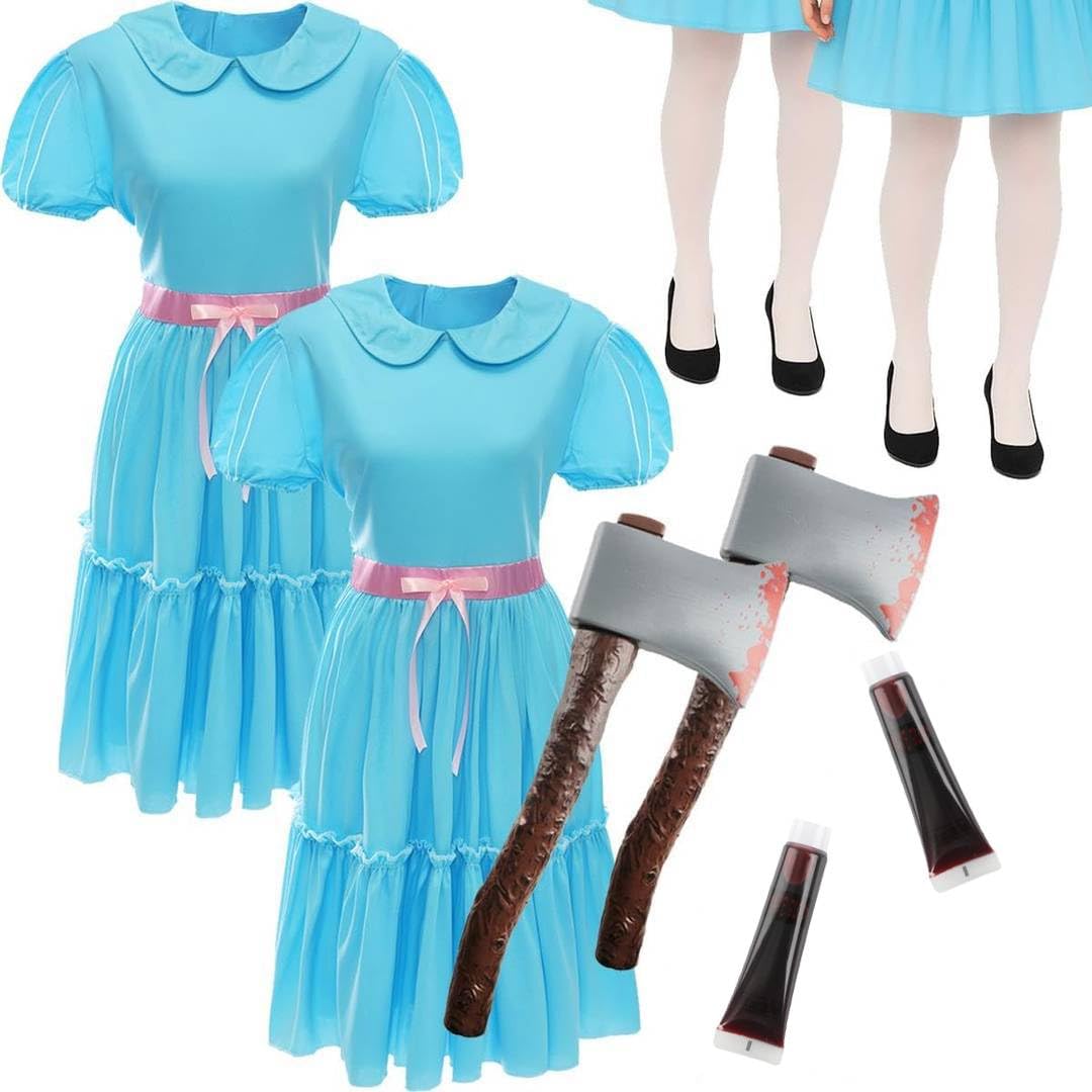 Adults Duo Haunted Twin Costume – Creepy Blue Dress, Tights, Bloody Axe and Face Paint - Horror Outfit for Halloween, Fancy Dress Parties, Haunted House Events, Spooky Couple or Group Costume Idea