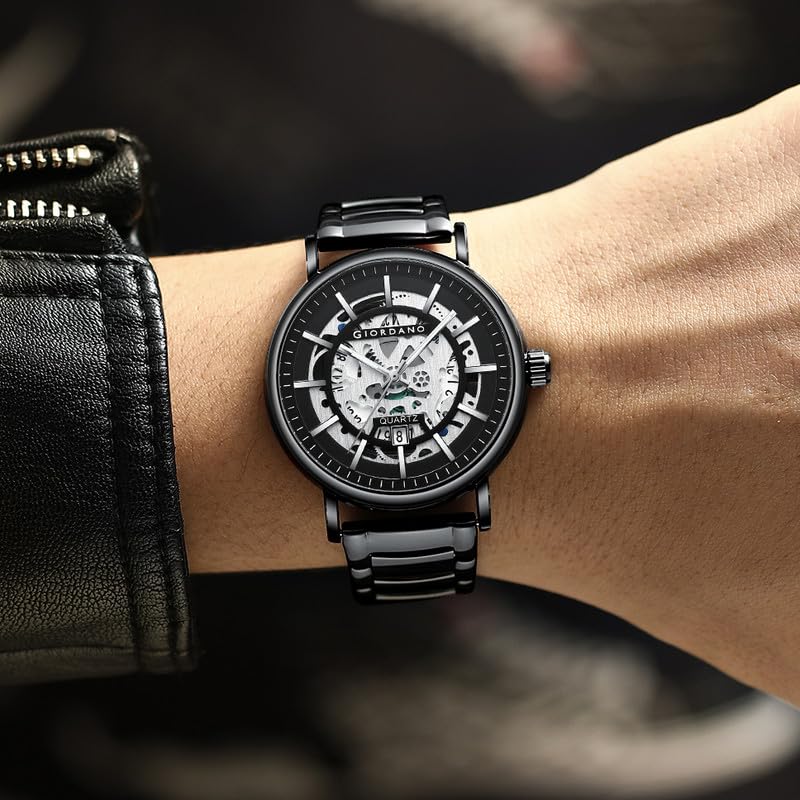 Image of Giordano Analog Quartz Watch for Men with Skeleton Round Dial, Date Function, Luminous Hands and Markers, Leather & Stainless Steel Strap - GZ-50182