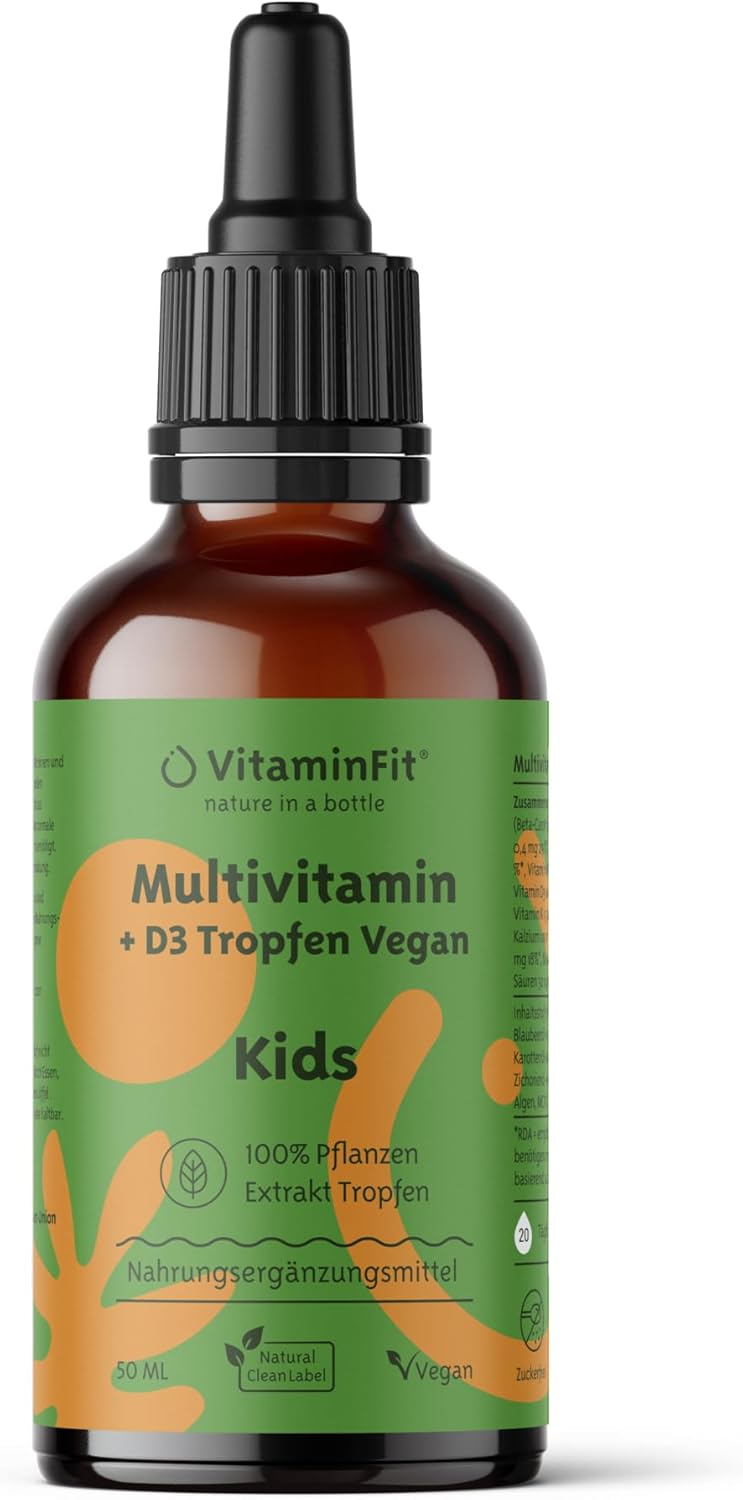 VitaminFit Kinder Multivitamine met Vitamine D3 Druppels Voedingssupplement voor kinderen – Glutenvrij – Suikervrij – Lactosevrij – Vloeibaar – 100% Plantaardig – Veganistisch – 50 ml