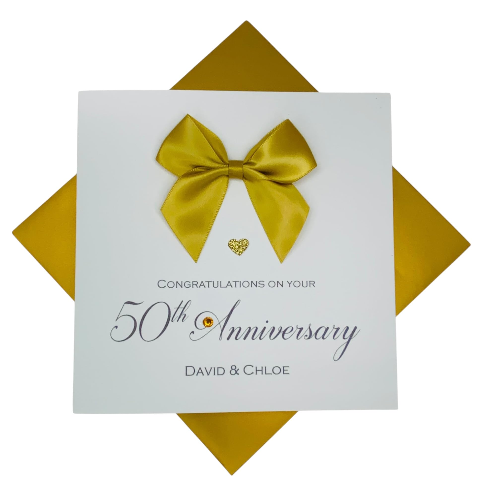 50th Wedding Anniversary Card - Golden 50 Year Fiftieth Anniversary Greeting Card, Personalised Gift for Wife, Husband, Parents, Couple Friends - Various Designs - 18 Colours (Regal Bow) โ image 1