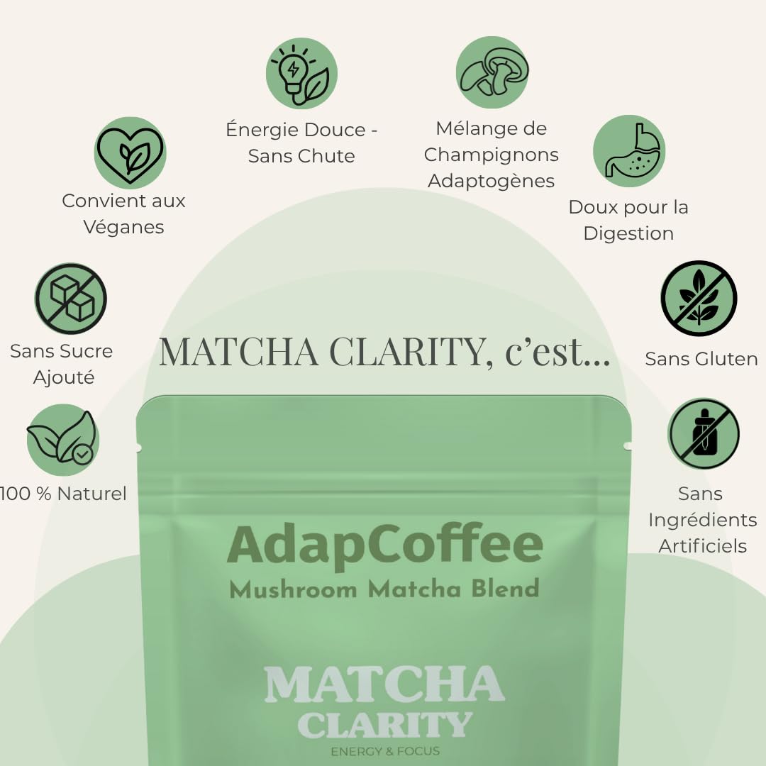 Matcha Clarity – Thé Matcha Cérémonial aux Champignons Adaptogènes – Lion’s Mane, Reishi & Maitake – Énergie Naturelle & Concentration – Vegan, Sans Sucre Ajouté – 25 tasses (100g)