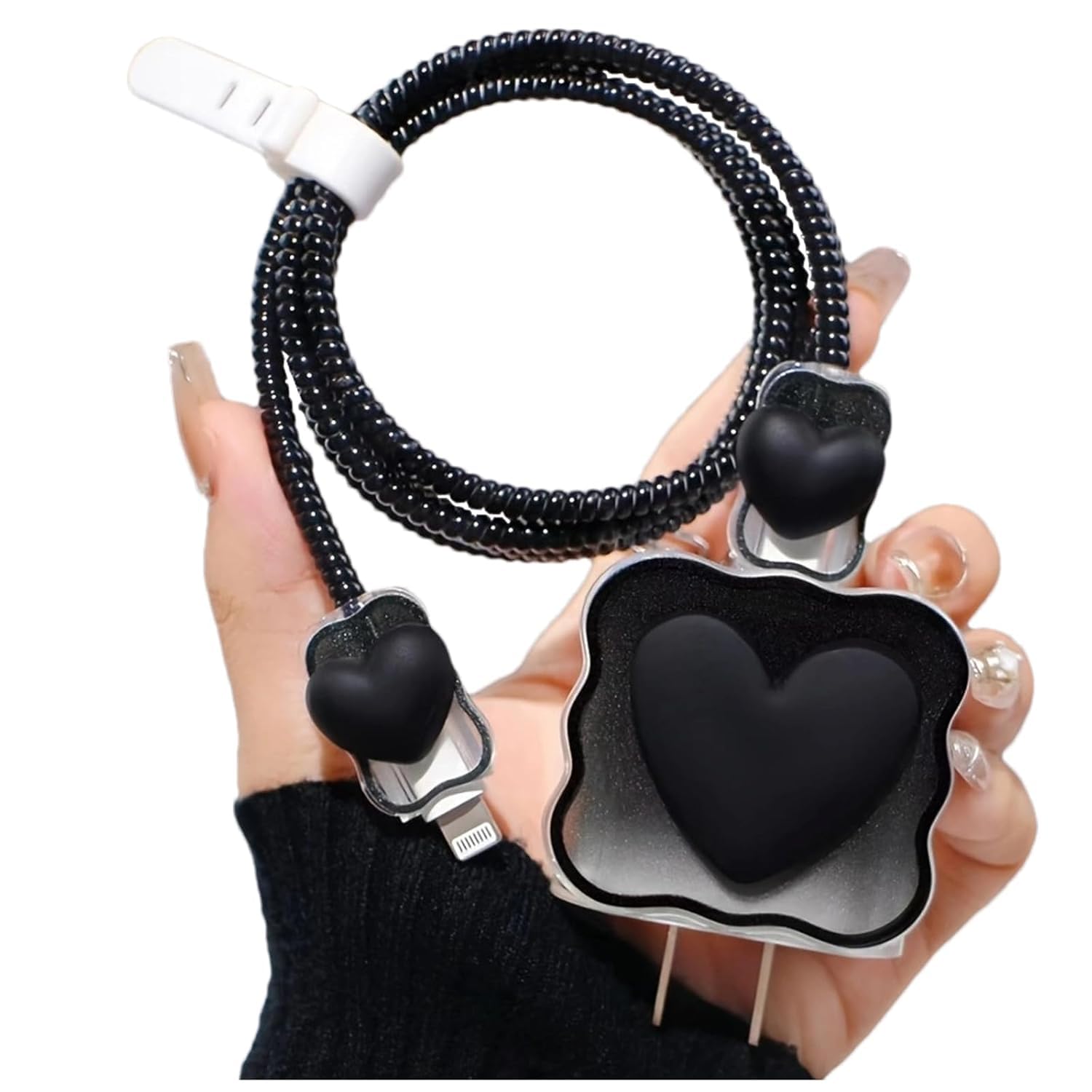 charger cable protectors for iphone chargers 18w 20w type c, 3d cute protective case cover cartoon style fully charger & adaptor protection set-1 (black heart)