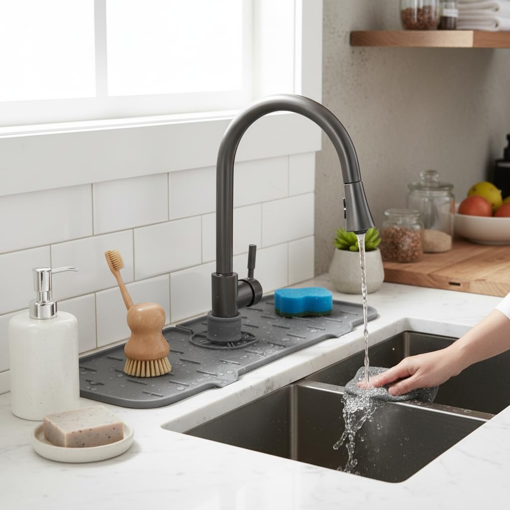 Deconox Silikon Musluk Matı ve Lavabo Sıçrama Önleyici – Mutfak ve Banyo İçin Su Tahliyeli Tezgah Koruyucu, Sünger ve Sabunluk Düzenleyici, Kaymaz Musluk Arkası Kurutma Pedi (ASORTİ)