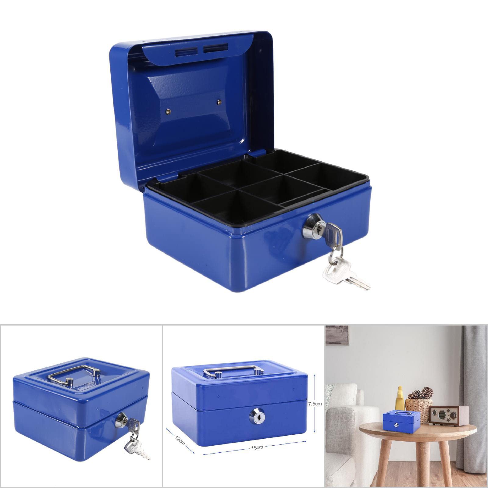 Feuerfeste wasserdichte Box mit Schlüsselschloss, Tragbare Mini Tragbarer Safe Stahl Petty Abschließbar Bargeld Geld Münze Schmuck Sicherheitsbox Geldkassette Tresor Griff Haushalt Ausweise Blau