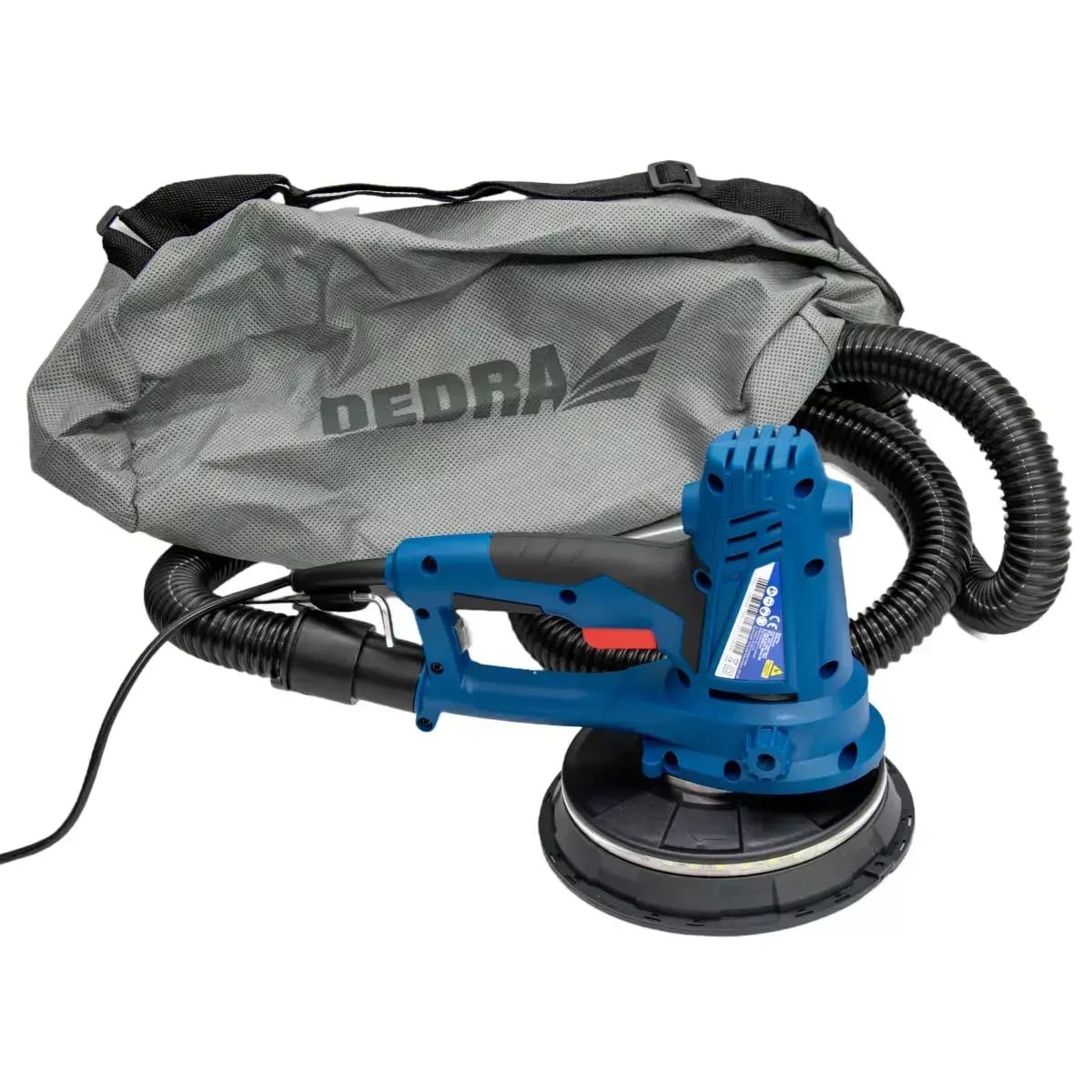 Levigatrice a secco a mano con luce LED DEDRA, 750 W, 1500-2700 giri/min, 180 mm, per la lavorazione del gesso, con aspirazione della polvere, peso 3,1 kg, cavo lungo 4 m