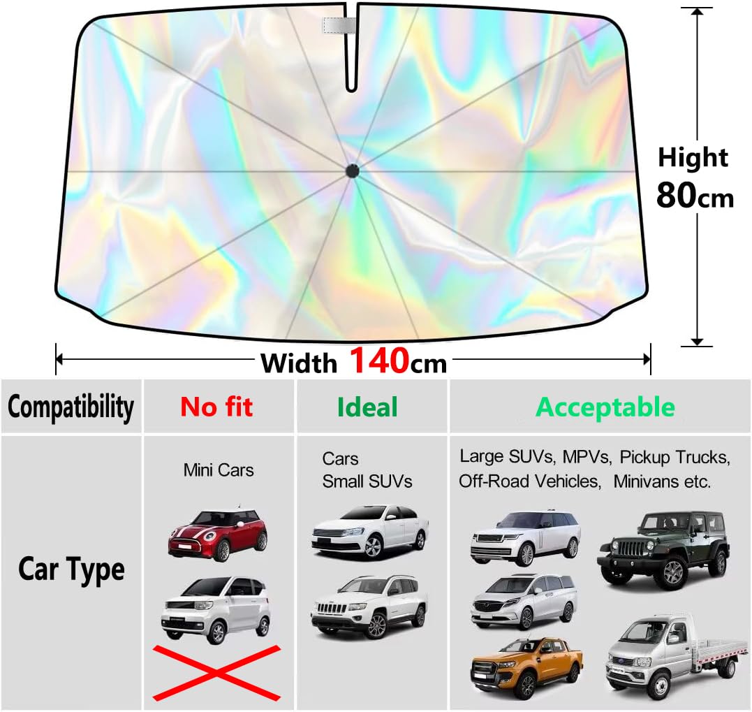 Parasol para coche, 140 x 80 cm, con mango de protección contra arañazos de 360°, protección UV, parasol para parabrisas de coche, para la mayoría de los coches SUV - 5