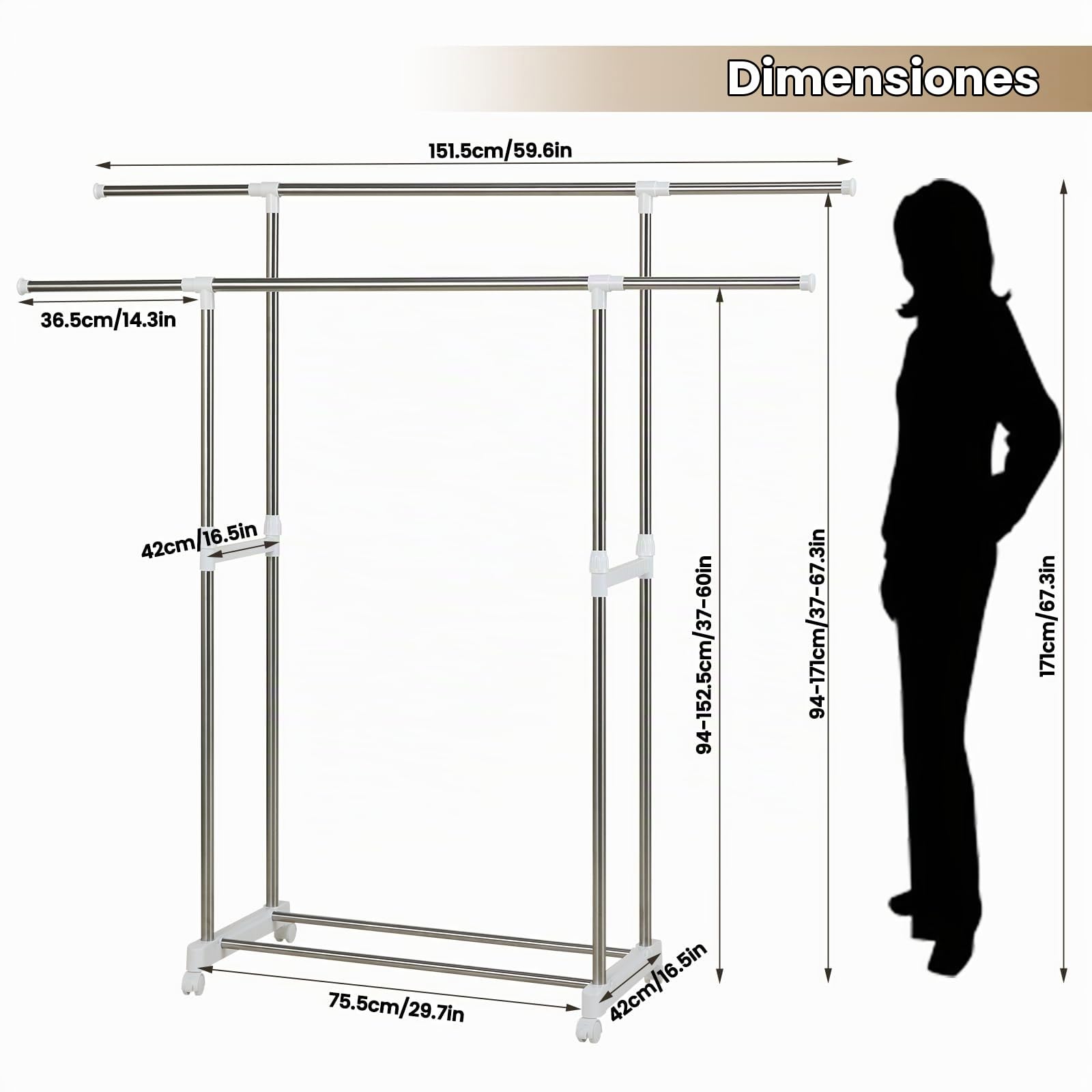 WOLTU Burro Ropa con Doble Barra, Perchero Extensible, Colgador de Ropa con Ruedas y Zapatero, Ajustable, (75,5–151,5) x(94–171) x42 cm, Plateado+Blanco, SRY63sb