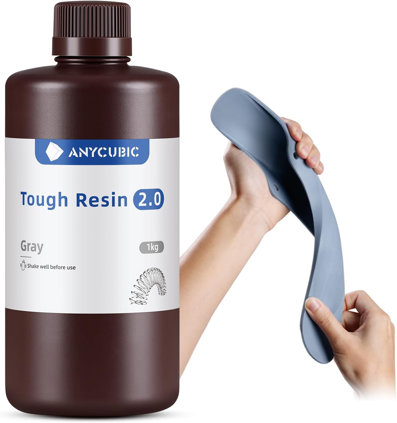 ANYCUBIC Tough Resin 2.0, 3D Printer Resin with Upgraded High Toughness and High Precision, 365-405nm Fast Curing 3D Resin for 4K 8K LCD/DLP/SLA 3D Printing (Grey, 1kg)
