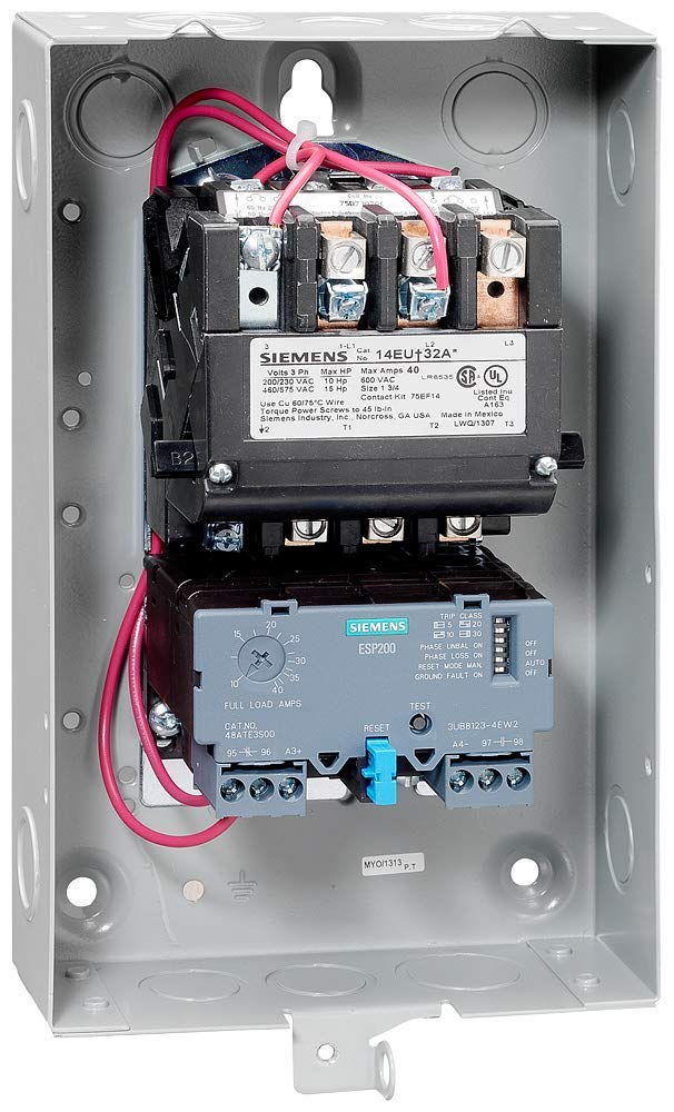 Siemens 14EUE32BE Heavy Duty Motor Starter, Solid State Overload, Auto/Manual Reset, Open Type, NEMA 1 General Purpose Enclosure, 3 Phase, 3 Pole, 1-3⁄4 Half Size, 10–40A Amp Range, A1 Frame Size, 575-600 at 60Hz Coil Voltage