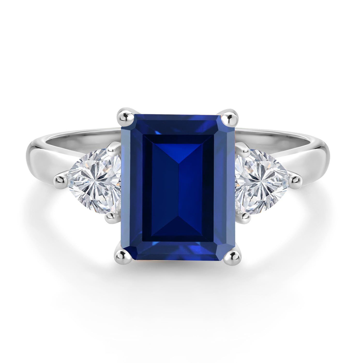 10K White Gold Gemstone Birthstone and White Moissanite 3-Stone Engagement Ring for Women | Emerald Cut 9X7MM and Trillion 4MM | Fine Jewelry for Wedding Anniversary Promise | Sizes 5, 6, 7, 8, 9